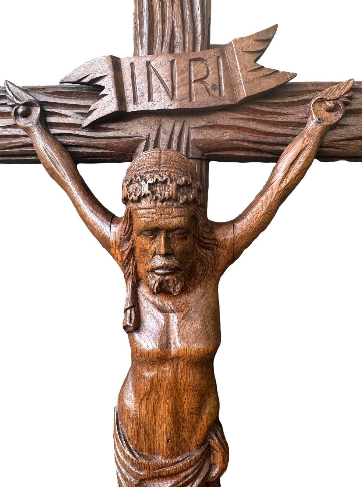 Large Hand Carved Wood Wall Cross   Folk Art   Altar Wooden Crucifix   Wood Jesus Corpus Statue photo for sale