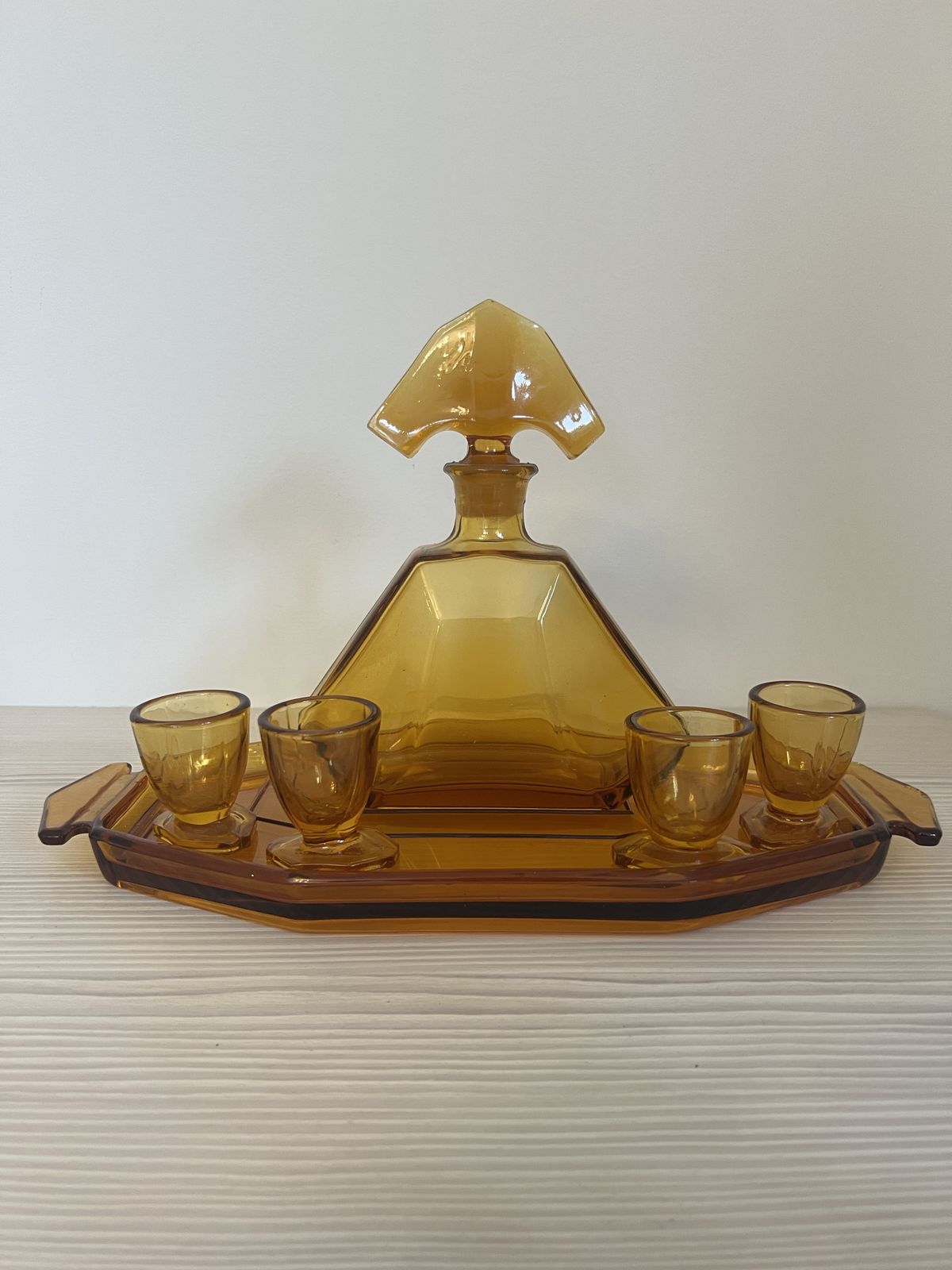 Art Deco Stölzle Liquor Set Czech Amber Glass Decanter With Tray And 4 Shot Glasses