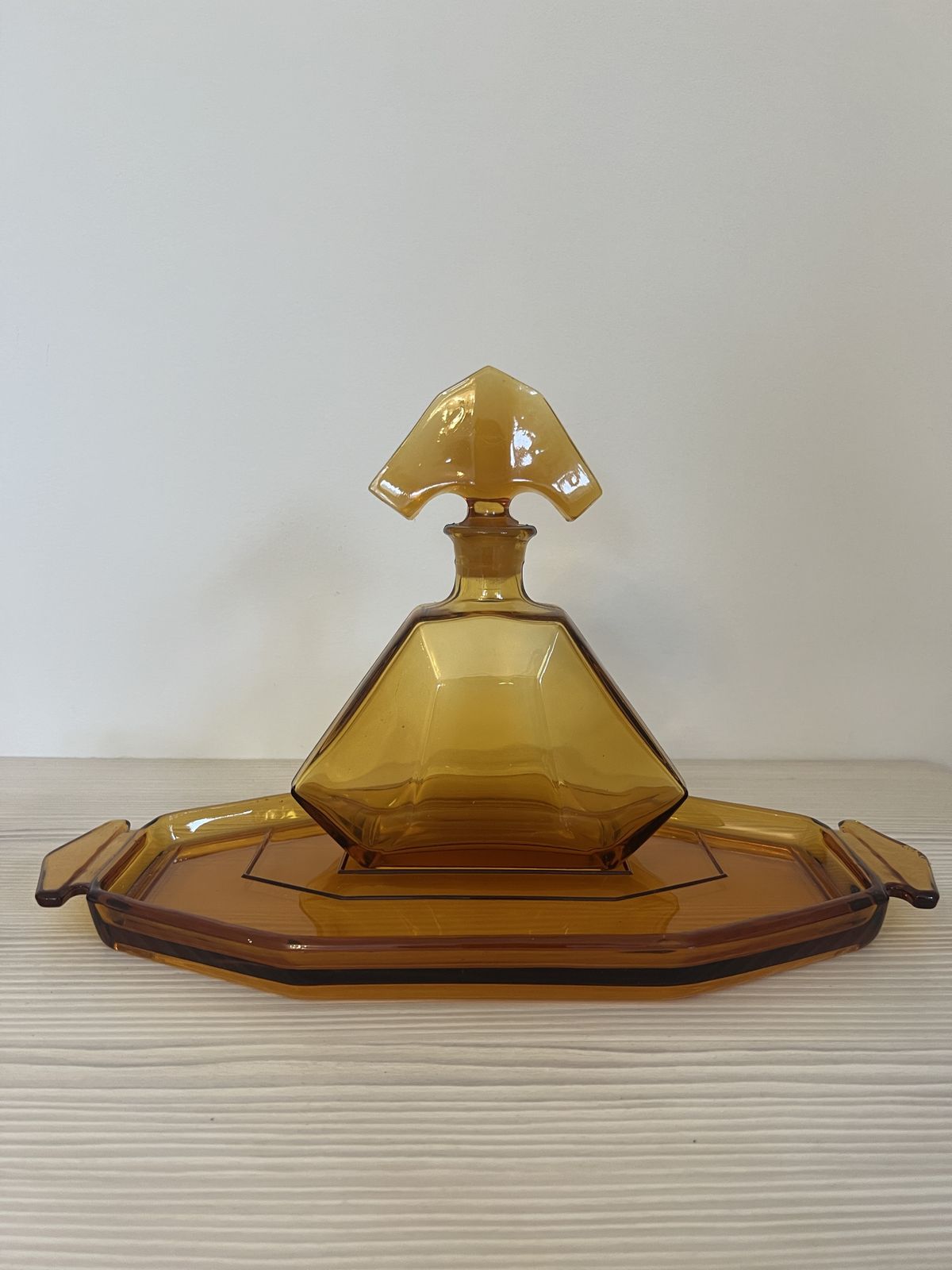 photo for sale Art Deco Stölzle Liquor Set Czech Amber Glass Decanter With Tray And 4 Shot Glasses