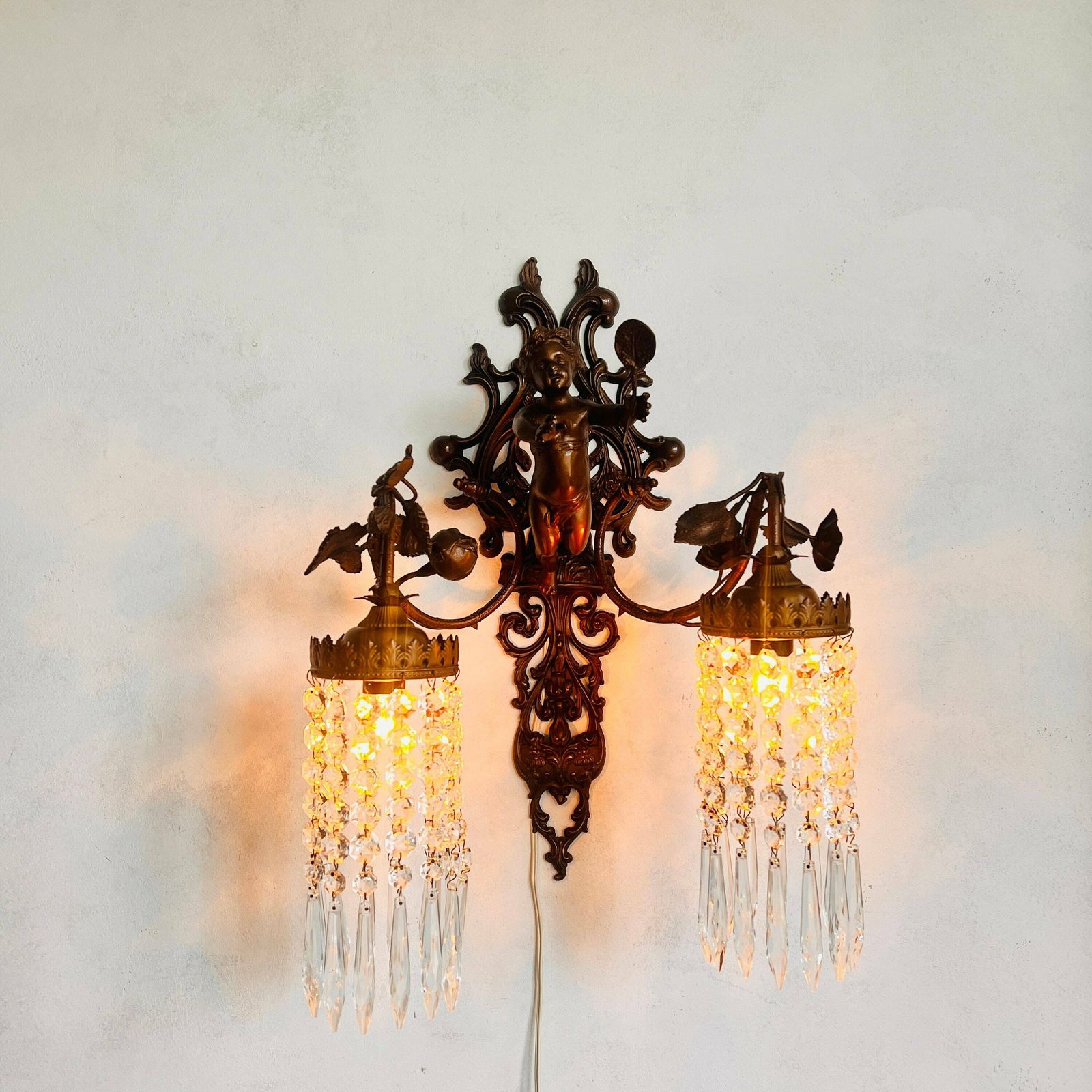 Unique French Cherub/Putti Wall Sconce 2 Arms, Crystals Lampshade, Pendant Light, Home Lighting, Hanging Lamp, Interior Design photo furniture