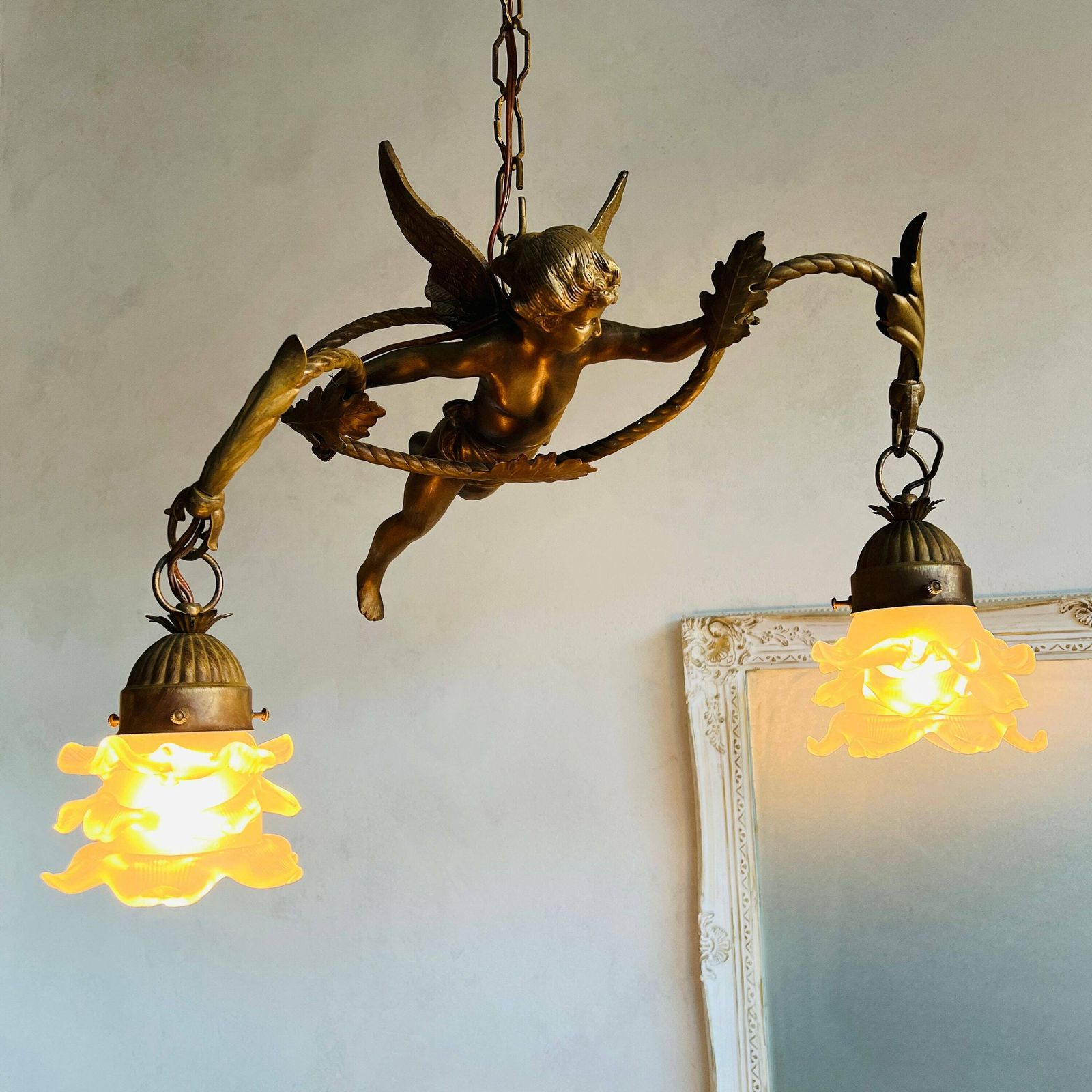Vintage French Big Bronze Angel/Cherub/Putti Pendant Lamp With Frosted Glass Lampshade photo furniture
