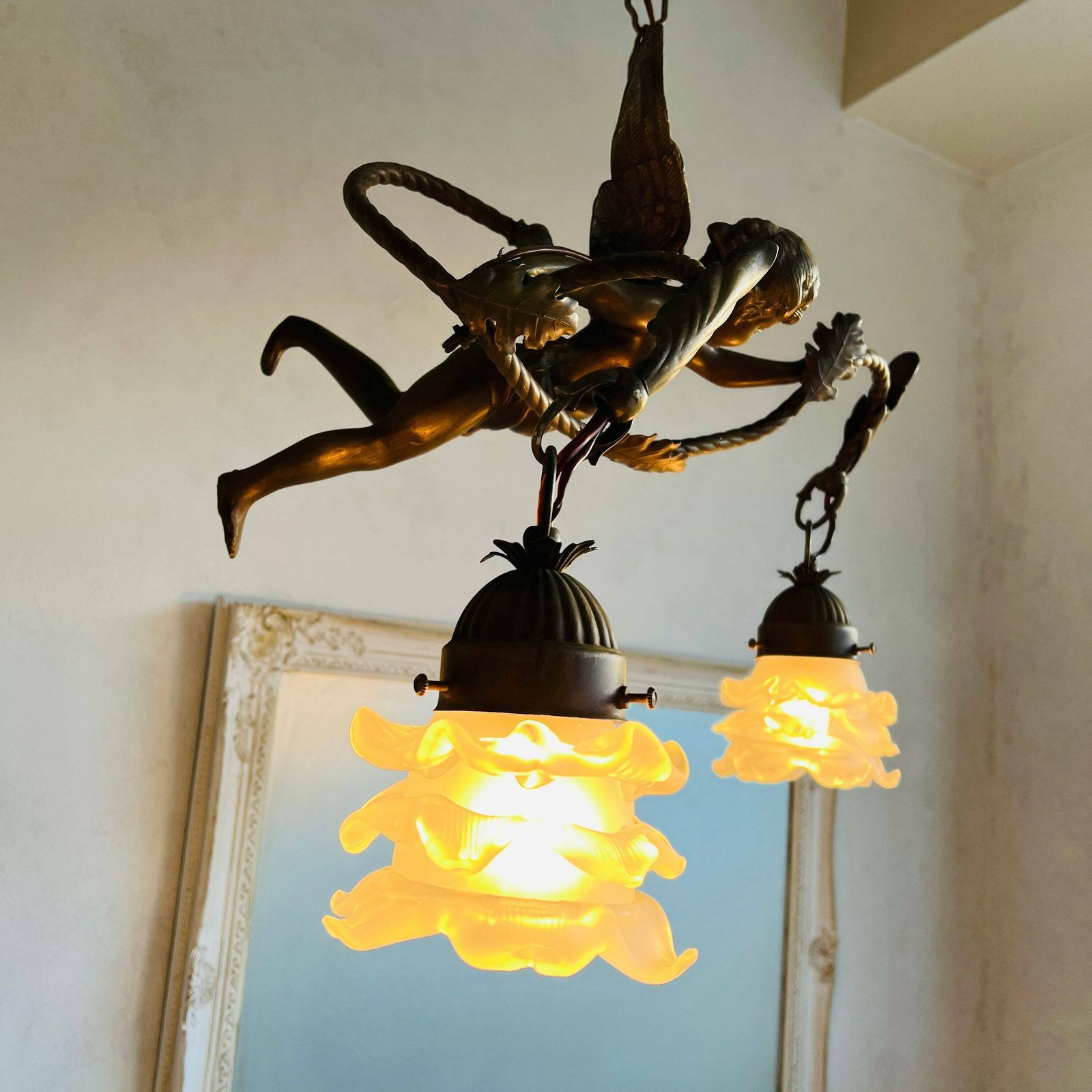 Vintage French Big Bronze Angel/Cherub/Putti Pendant Lamp With Frosted Glass Lampshade photo Lighting