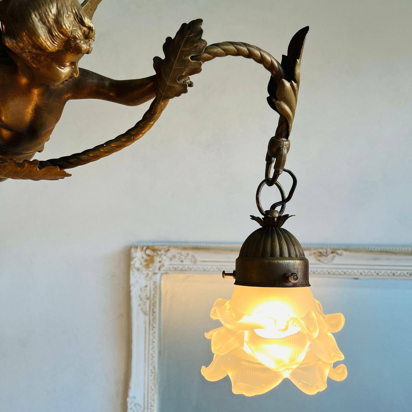 Vintage French Big Bronze Angel/Cherub/Putti Pendant Lamp With Frosted Glass Lampshade photo vintage