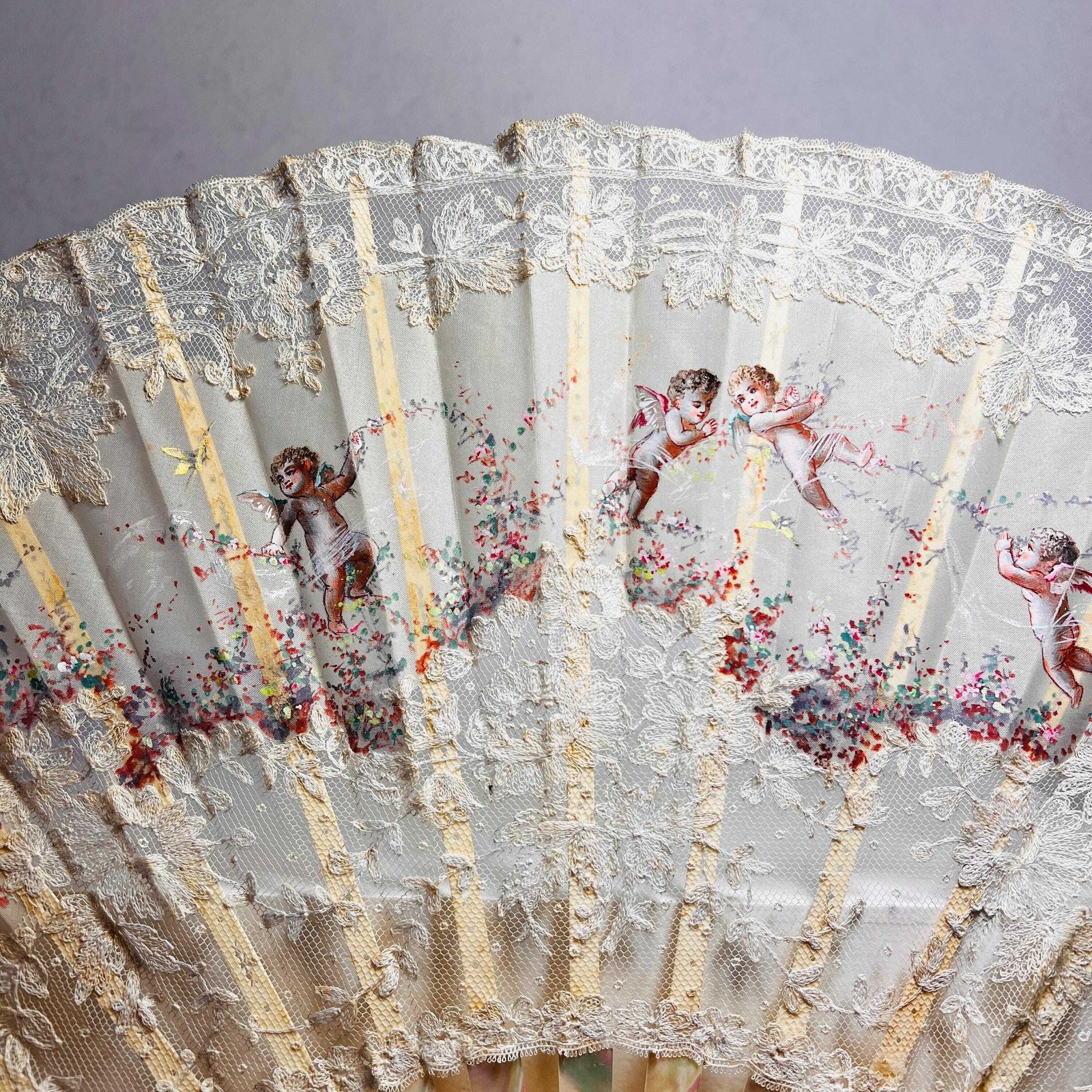Rare 19th Century Faucon Paris France Hand Painted Fan With Cherubs   Antique Treasure