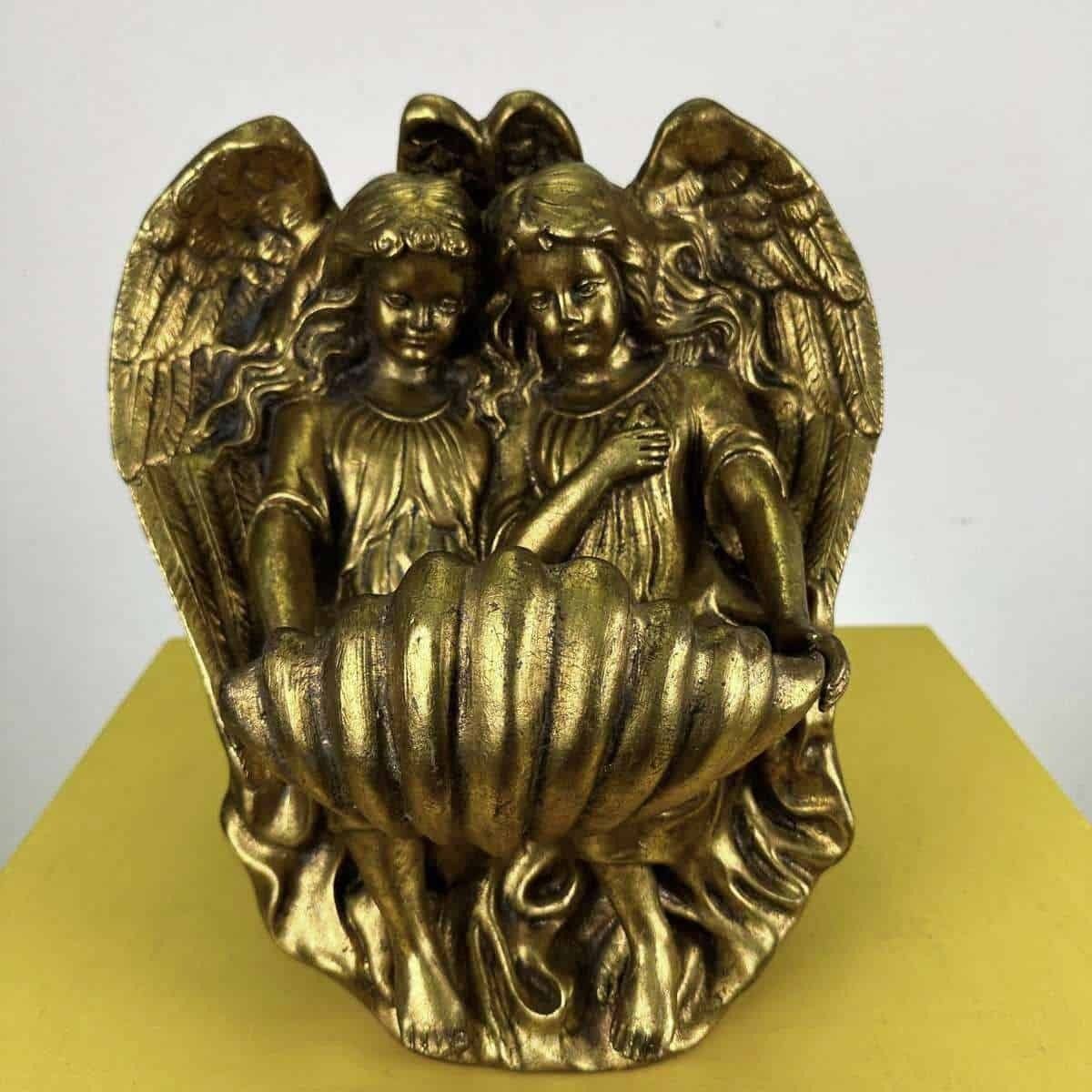 Golden Wooden Wall Holy Water Stoup Sculpture With Angels