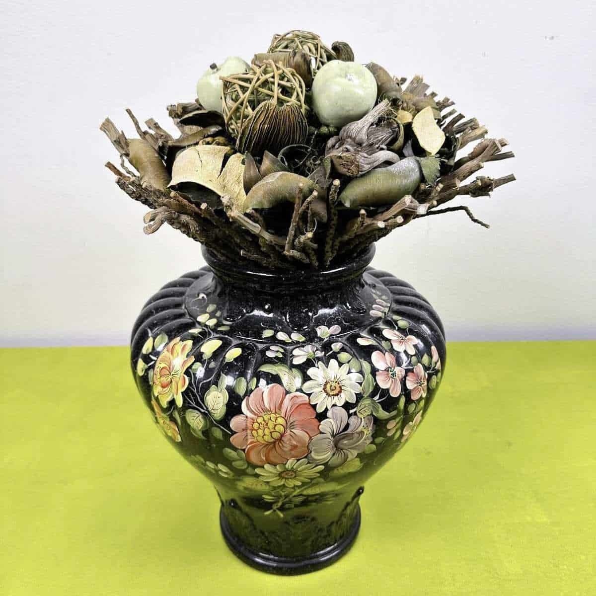 Black Bassano Ceramic Vase With Hand Painted Decorations Enriched By Artisanal Composition