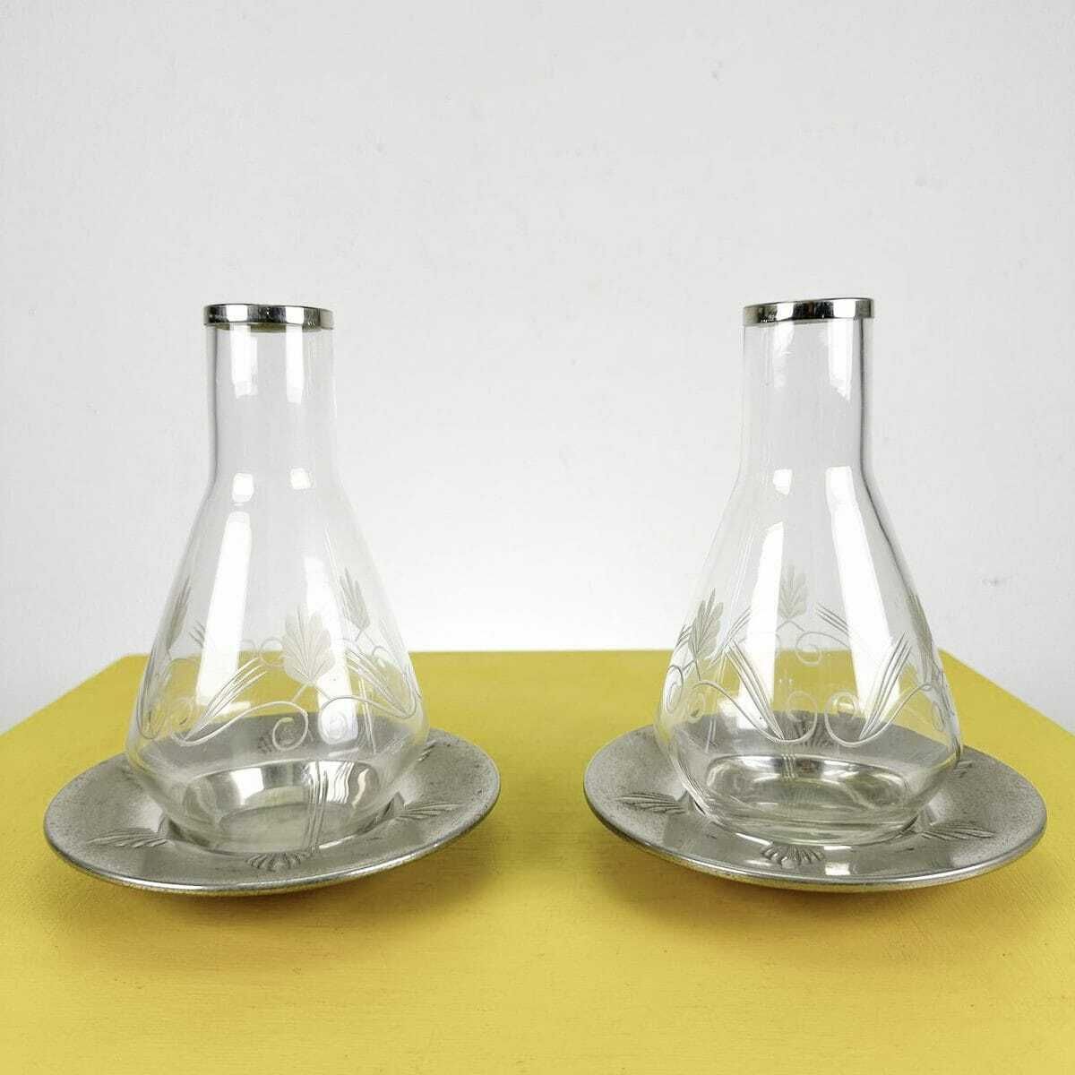 Pair Of Vintage Glass Decanter Bottles With Engraved Decoration And Metal Bases Wmf