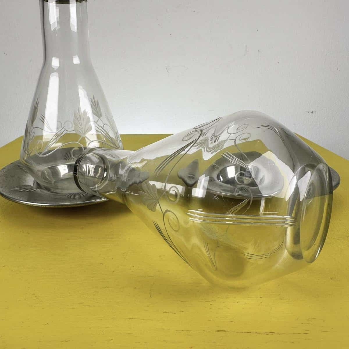 Pair Of Vintage Glass Decanter Bottles With Engraved Decoration And Metal Bases Wmf photo 67.0