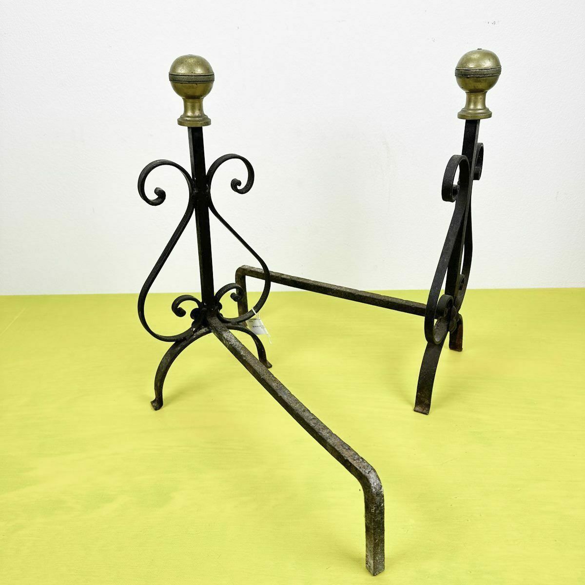 Pair Of Metal Andirons With Brass Knobsa photo vintage