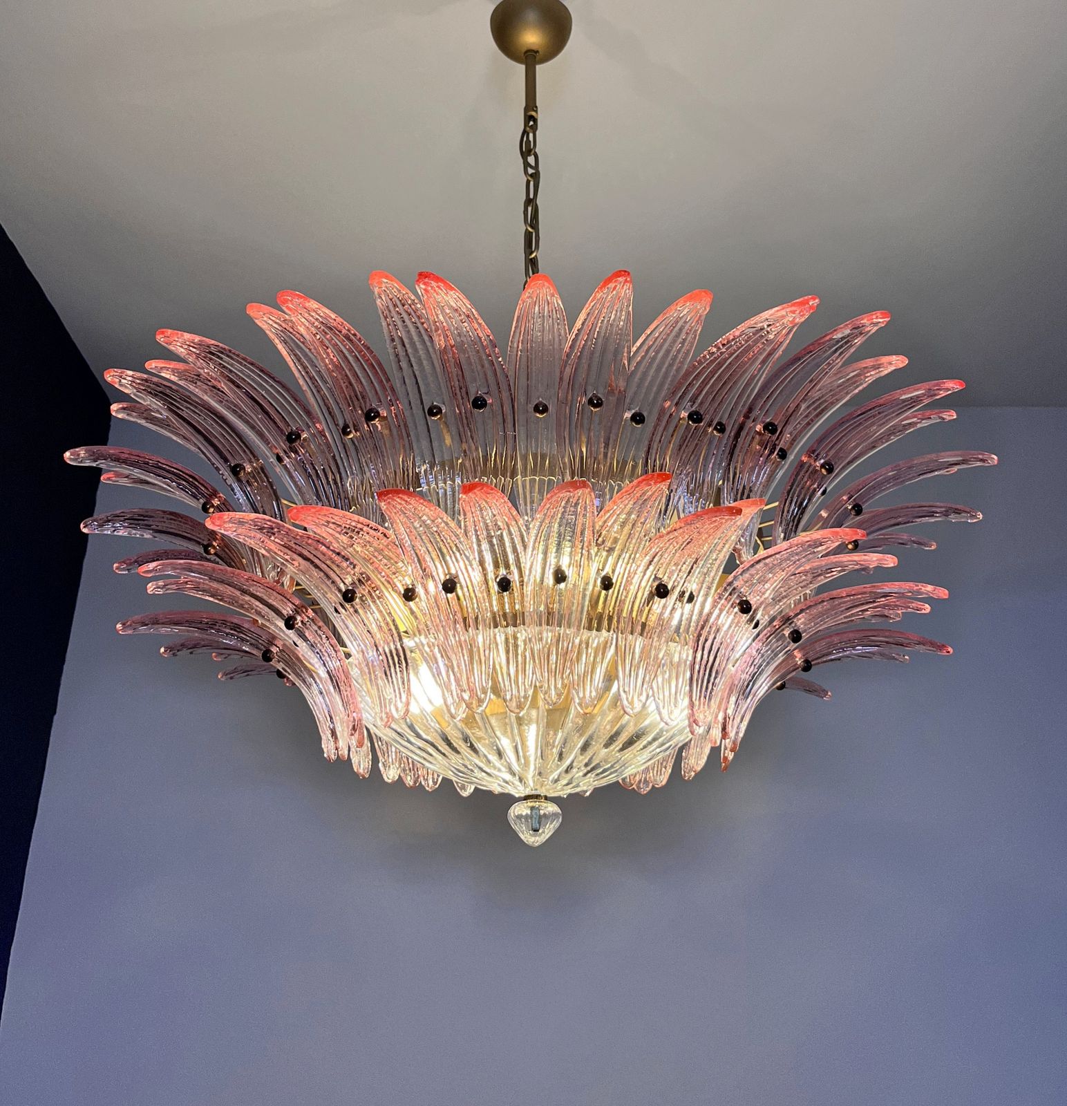 Murano Chandelier Original Palmette, Two Levels, 82 Pink Glasses photo vintage