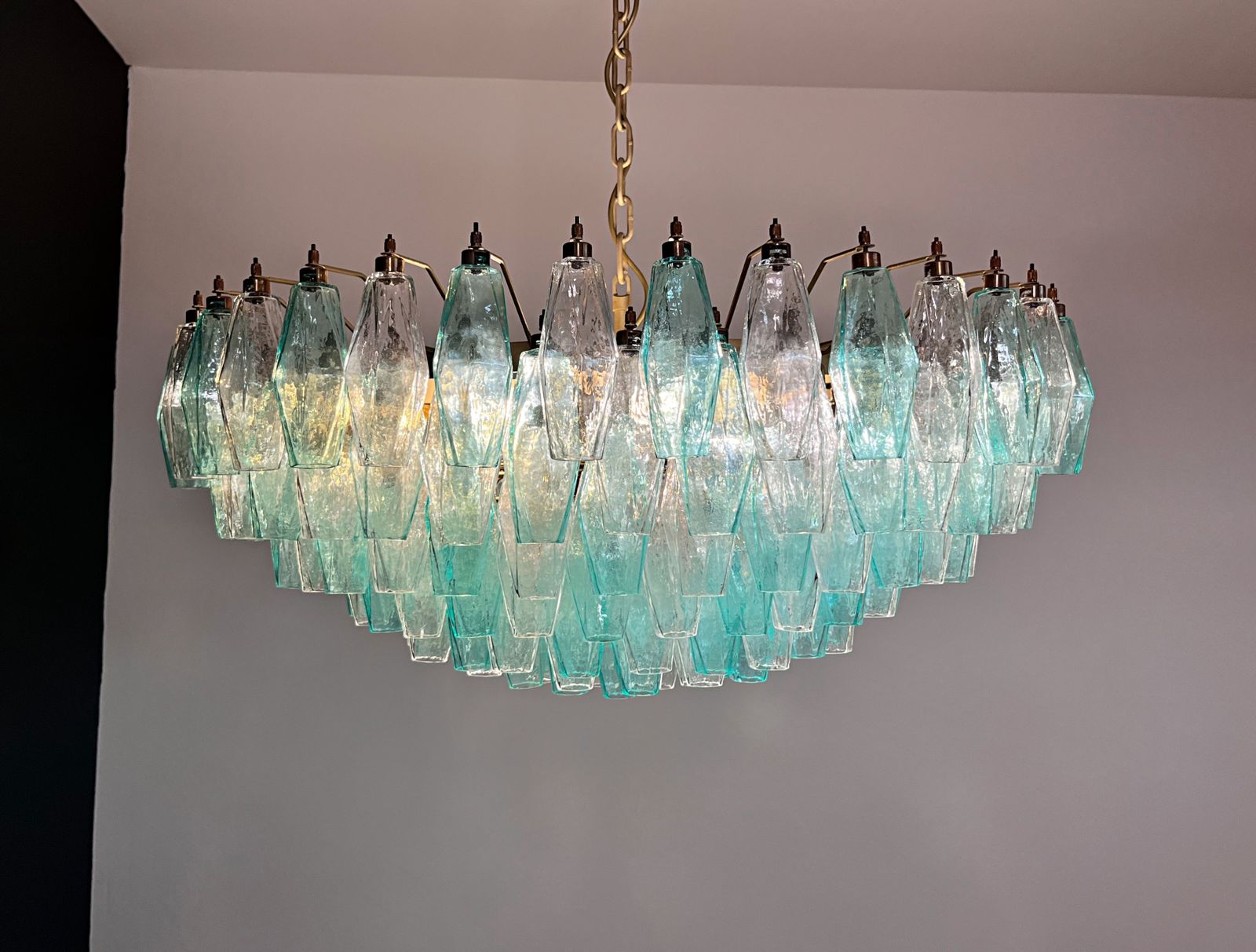 Turquoise & Clear Poliedri Murano Glass Chandelier photo vintage