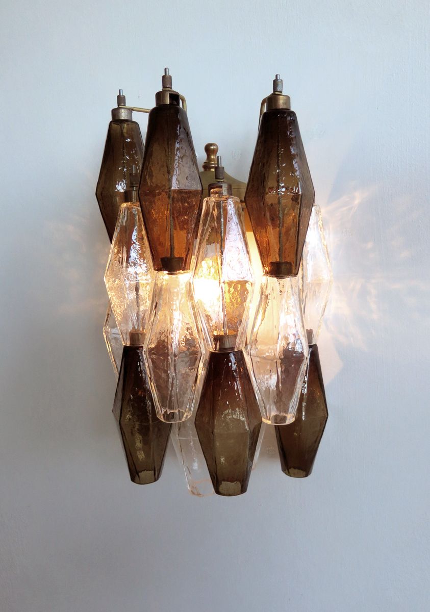 Vintage Murano Italian Poliedri Smoked And Trasparent Glass Wall Sconces photo vinterior