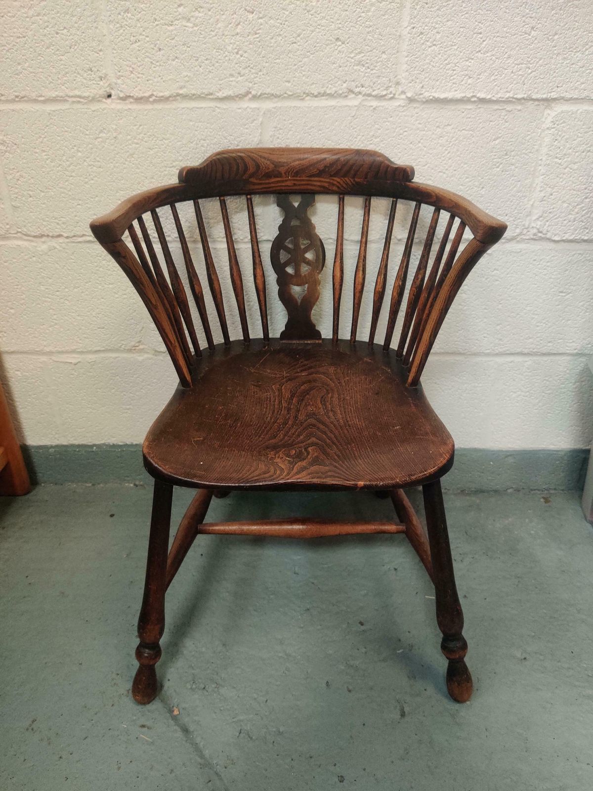 Antique Oak Victorian Smokers Bow Chair, Made By Roberston And Colman Of Norwich, Wheel Back Chair.