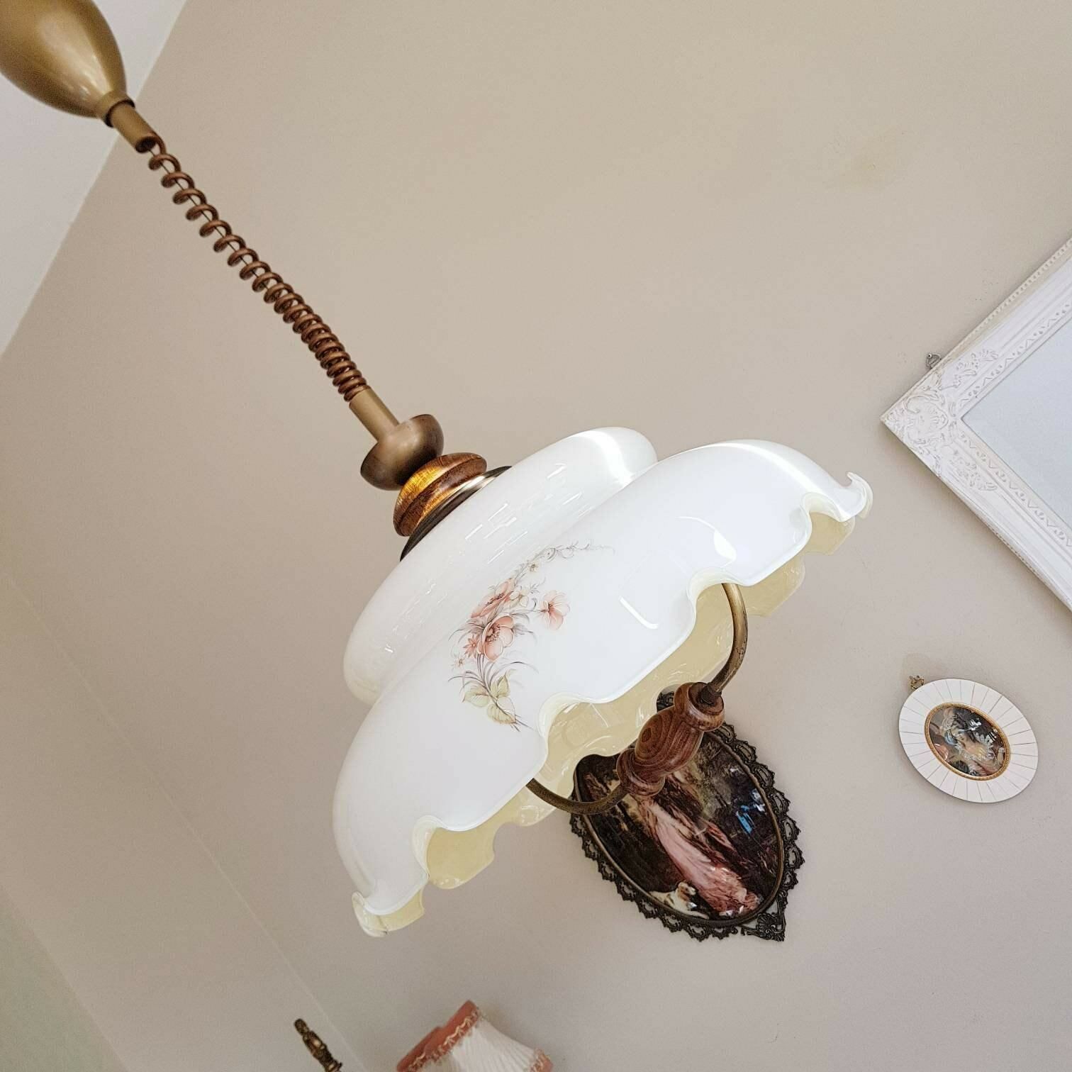 Big Pendant Light Lamp, Opaline Glass And Wood Handle, Hard To Find Lull Down Lamp photo furniture