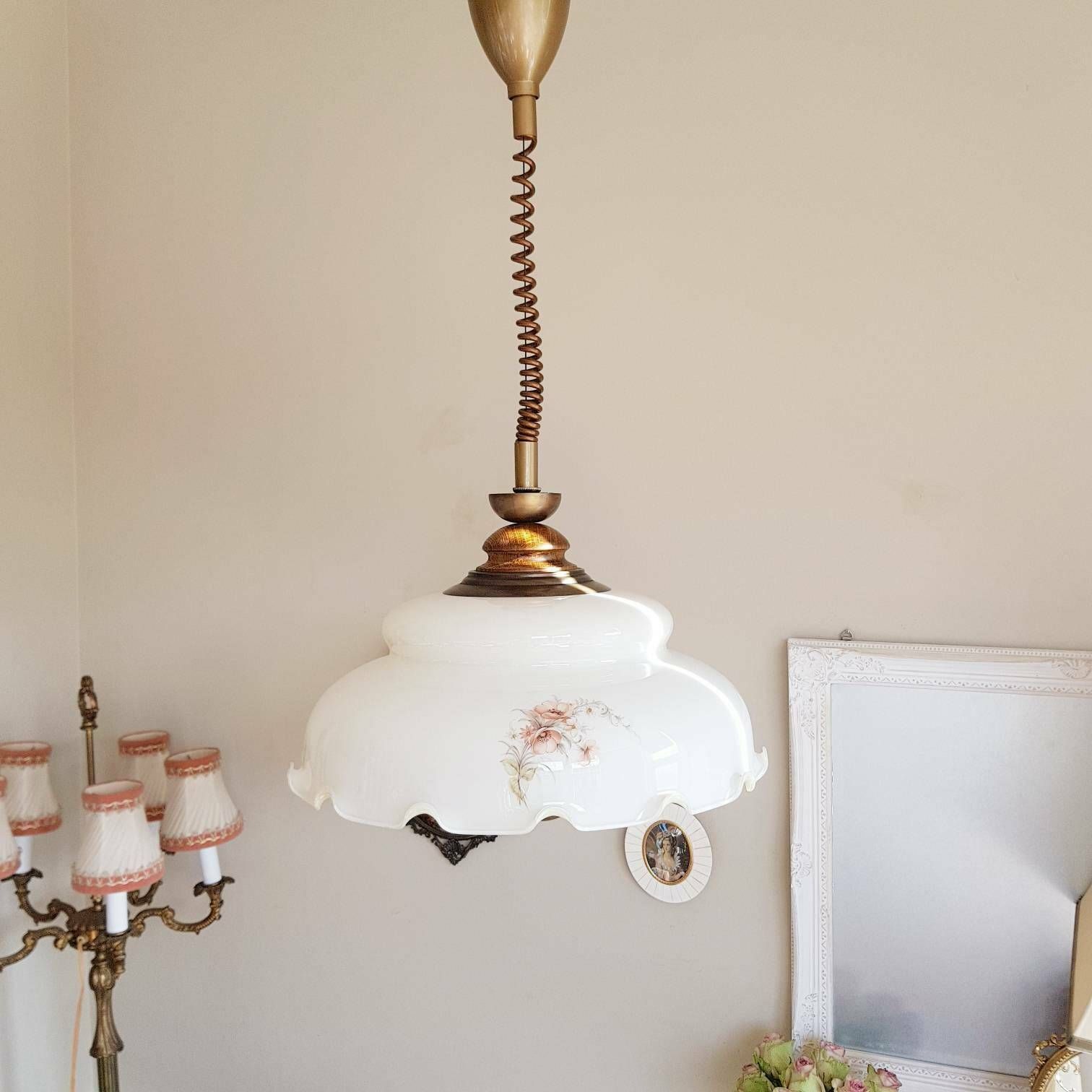 Grote Hanglamp, Opaalglaskapje Met Houten Handgreep, Zeldzaam Model Met Verstelbare Hoogte photo Verlichting