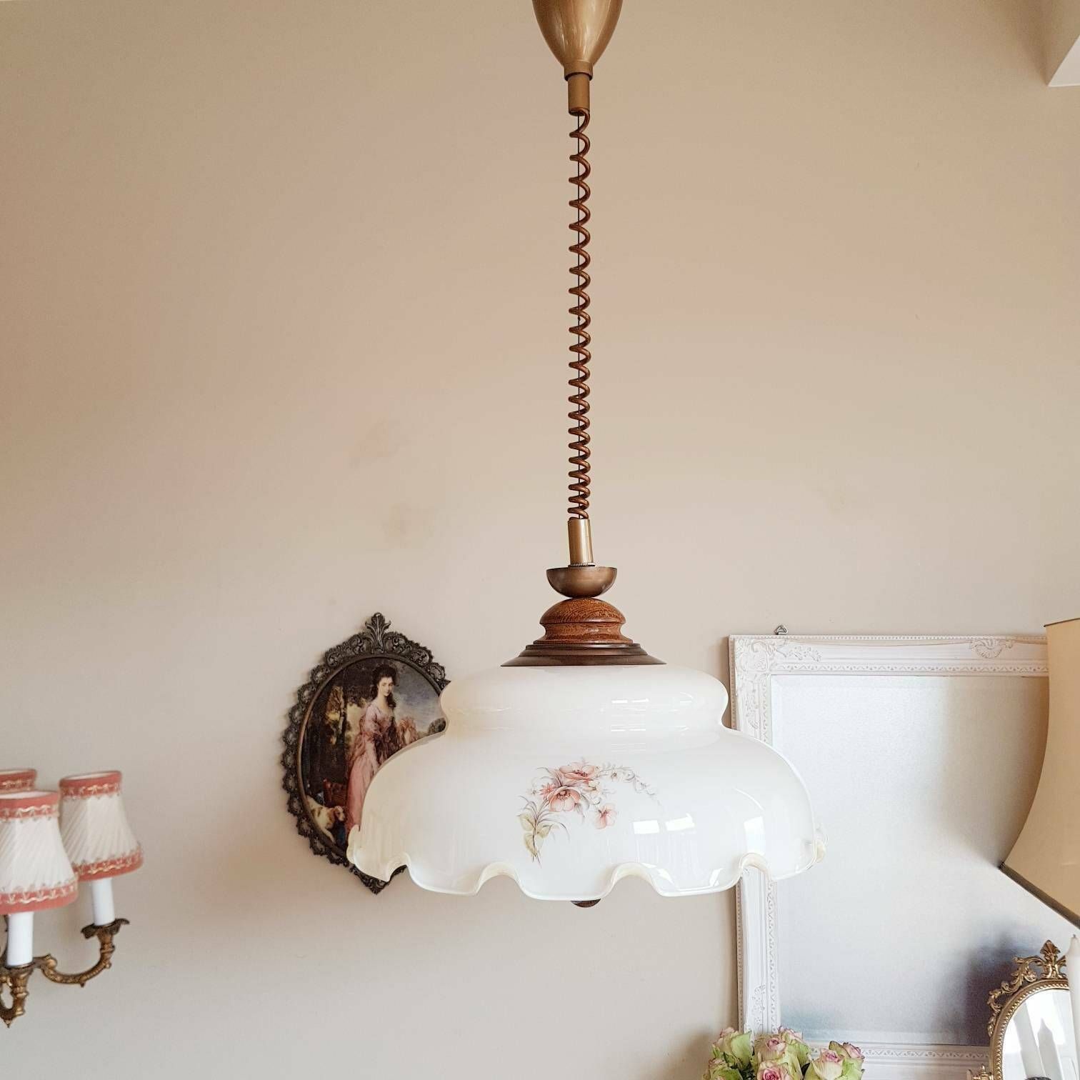 Big Pendant Light Lamp, Opaline Glass And Wood Handle, Hard To Find Lull Down Lamp photo 534.0