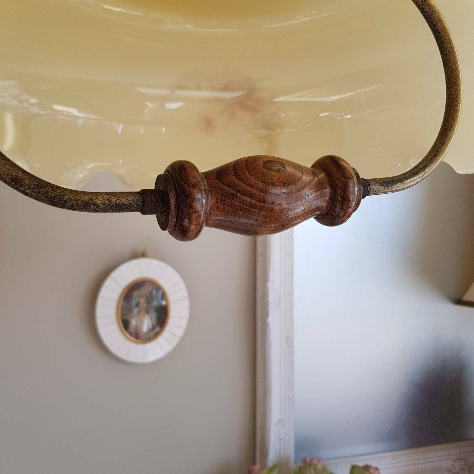 Big Pendant Light Lamp, Opaline Glass And Wood Handle, Hard To Find Lull Down Lamp photo buy