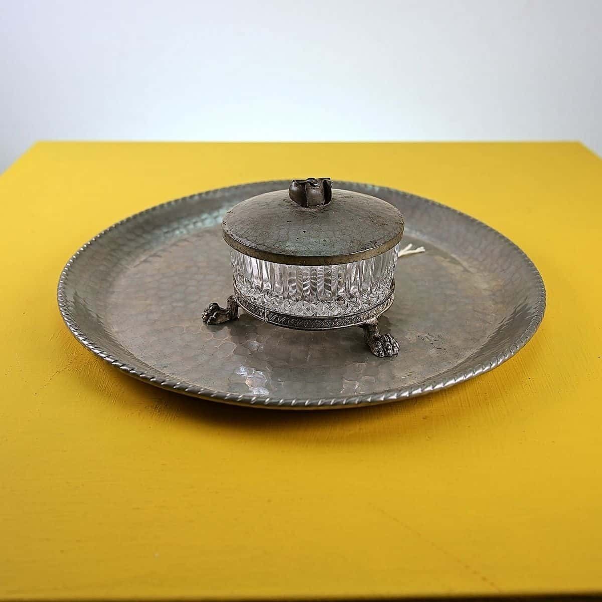 Vintage Centerpiece Composed Of Pewter Tray, Ground Glass Bowl With Lion’s Feet Pedestal