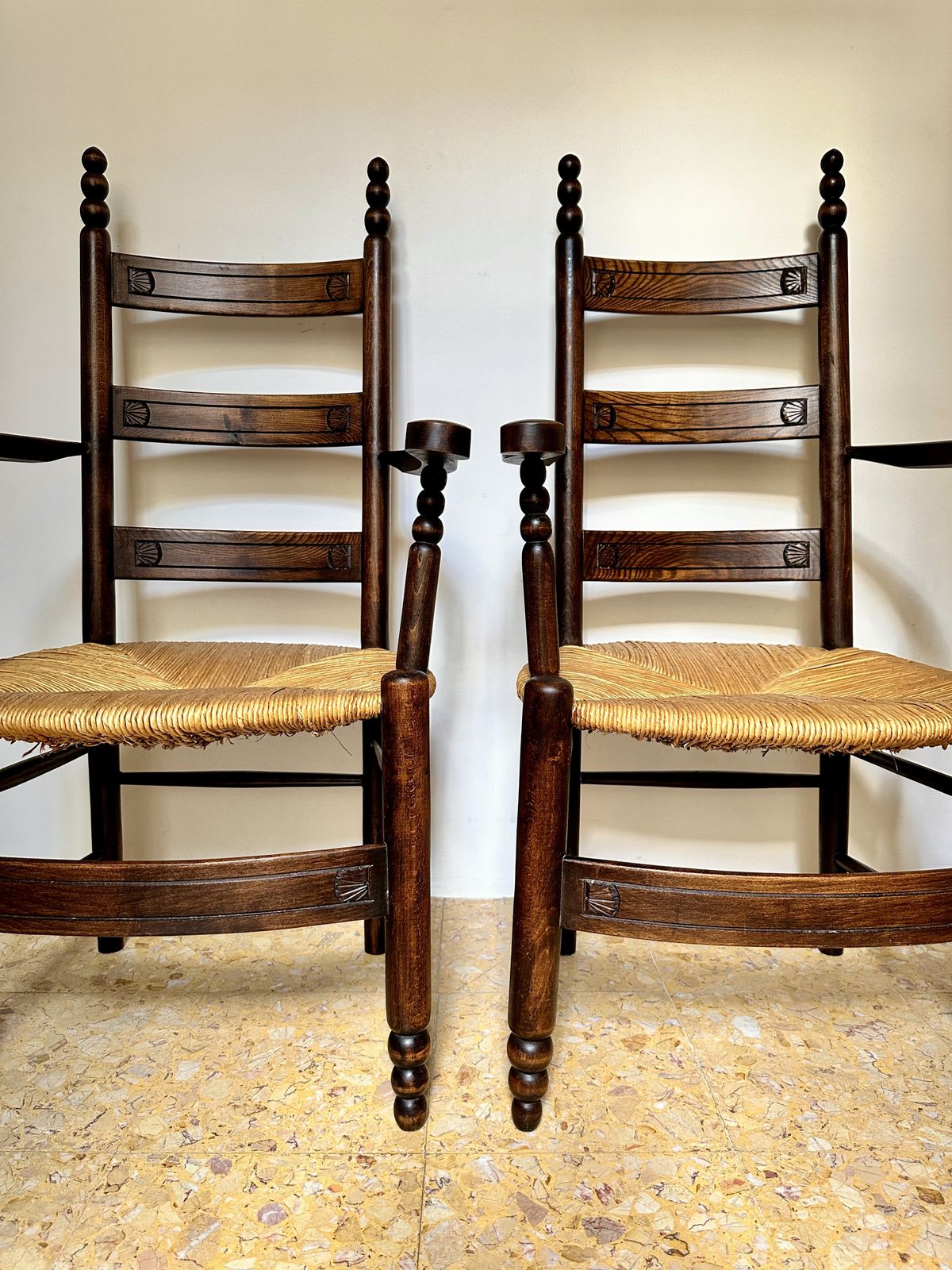 Pair Of Early C20th Breton Rush Seat Armchairs