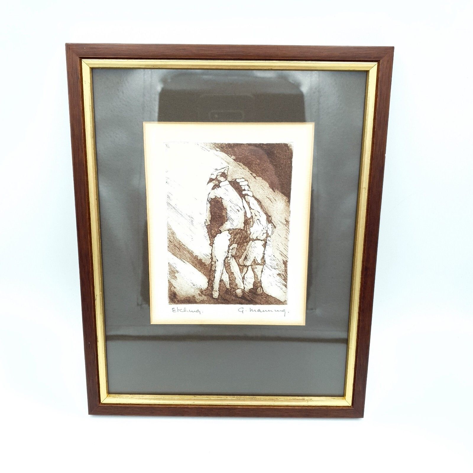 Signed G.Manning Etching Print Vintage Art Man & Women Portrait 26.9x21.1cm