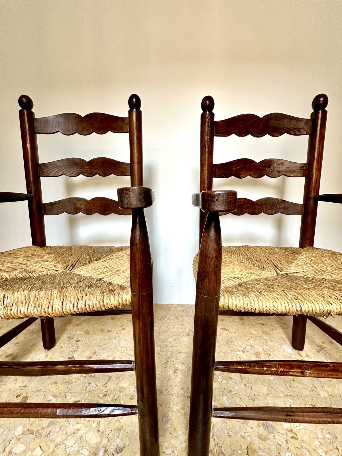 Pair Of Early C20th Rustic Provençal Rush Seat Armchairs photo for sale