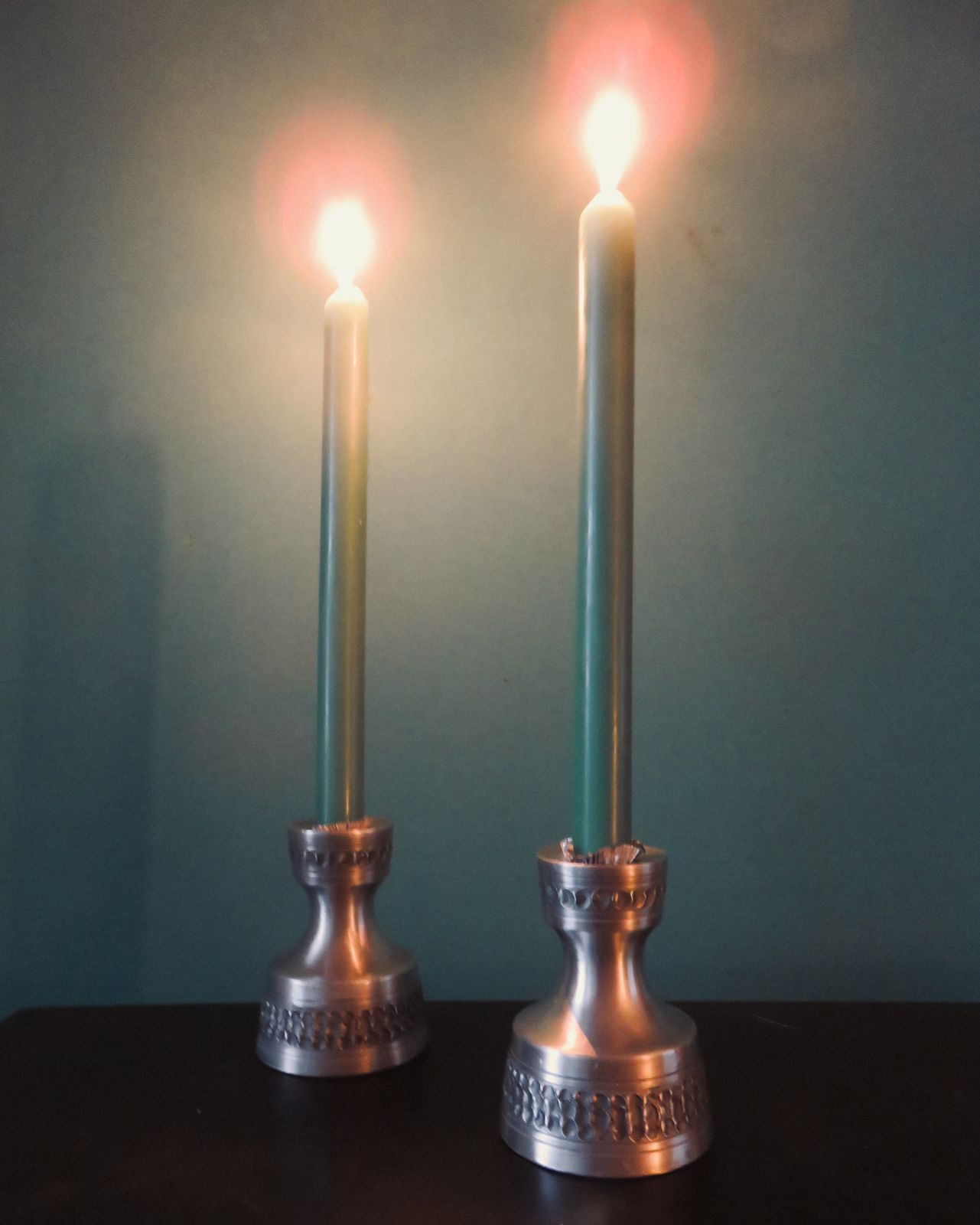 Pair Of White Pewter Candlesticks Decorated With Bas Relief. "Perletin". Norway 1960 photo furniture