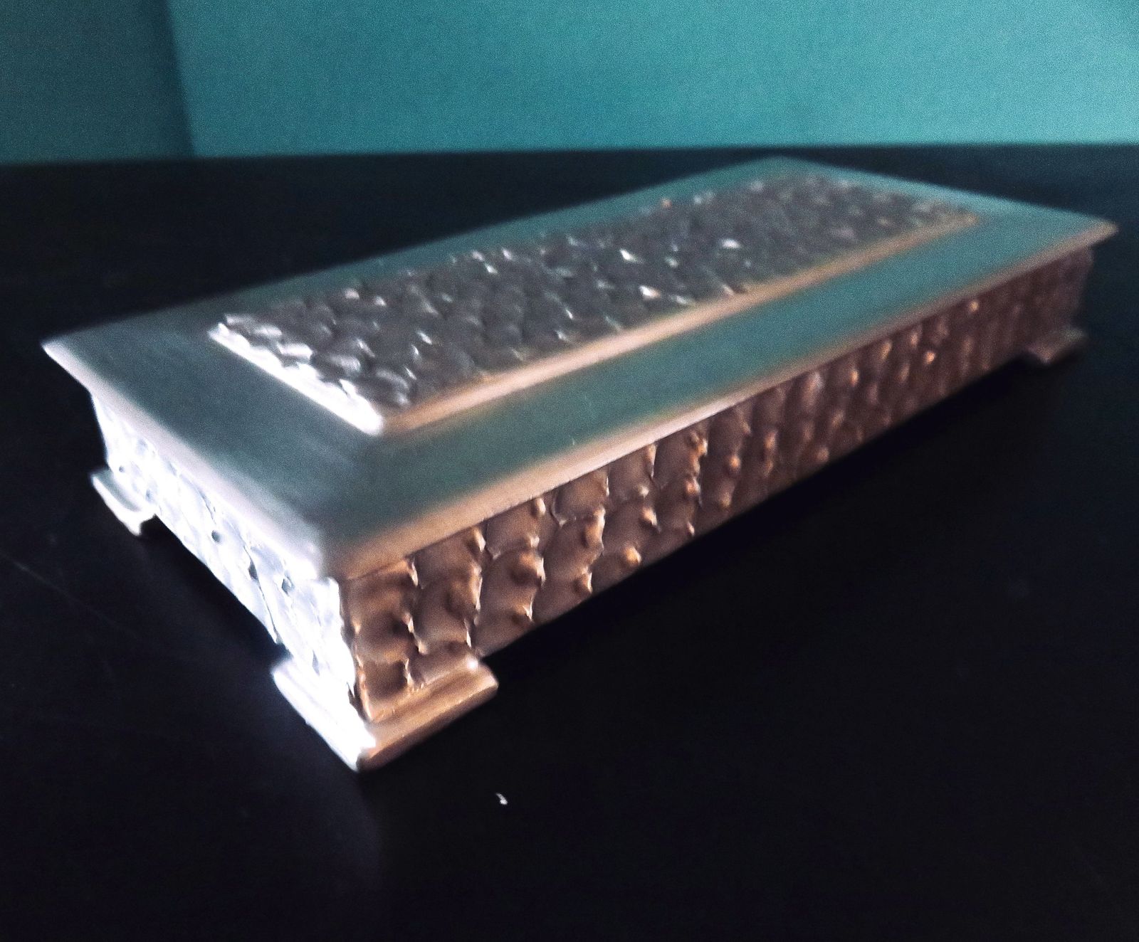 White Tin Box With Bas Relief "Perletinn". Norway 1960 photo furniture