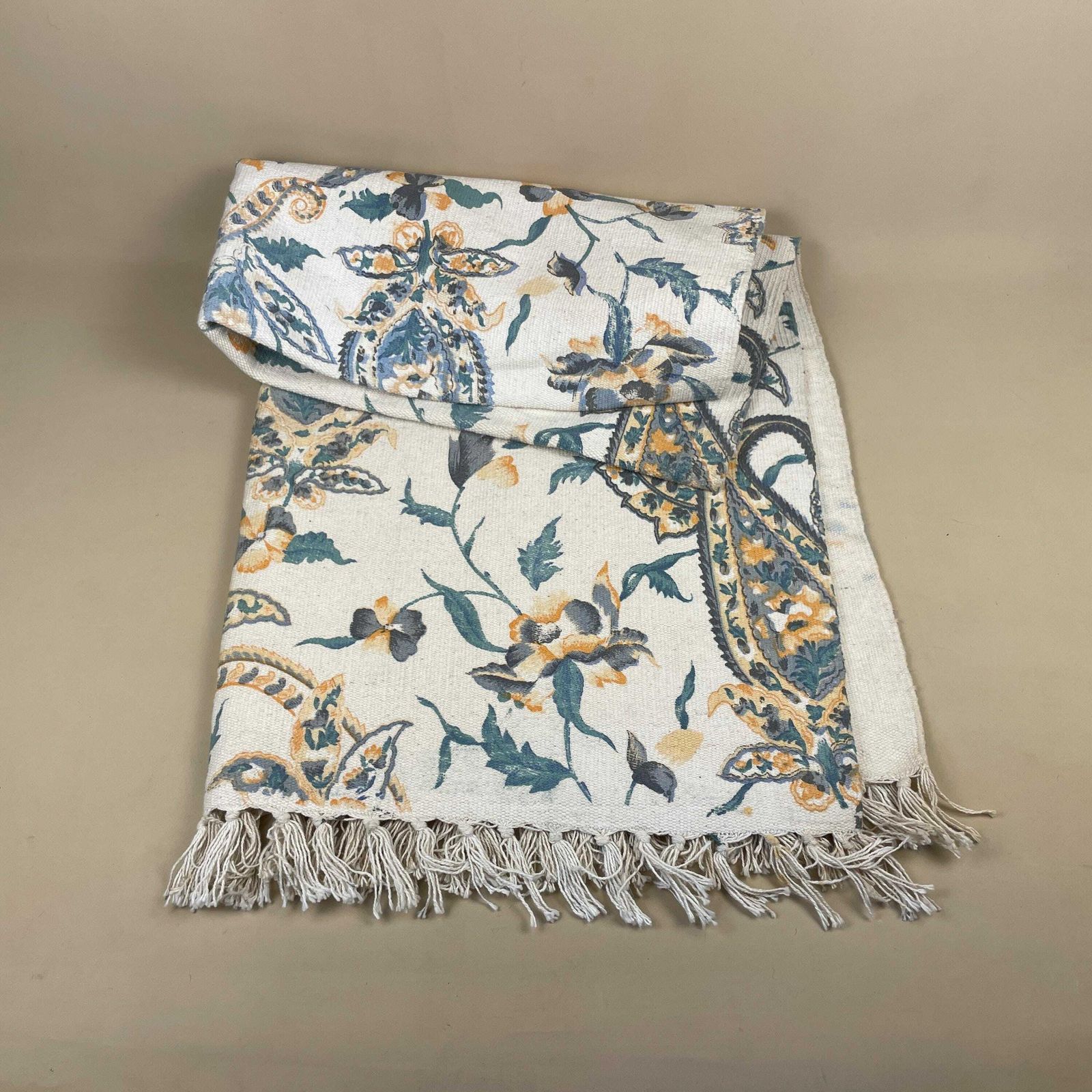 Vintage Fabric Throw Blanket Paisley Patterntassel Hand Printed Antique Patterned Pattern Tassels Sofa Woven Cottage Blue Cream photo furniture