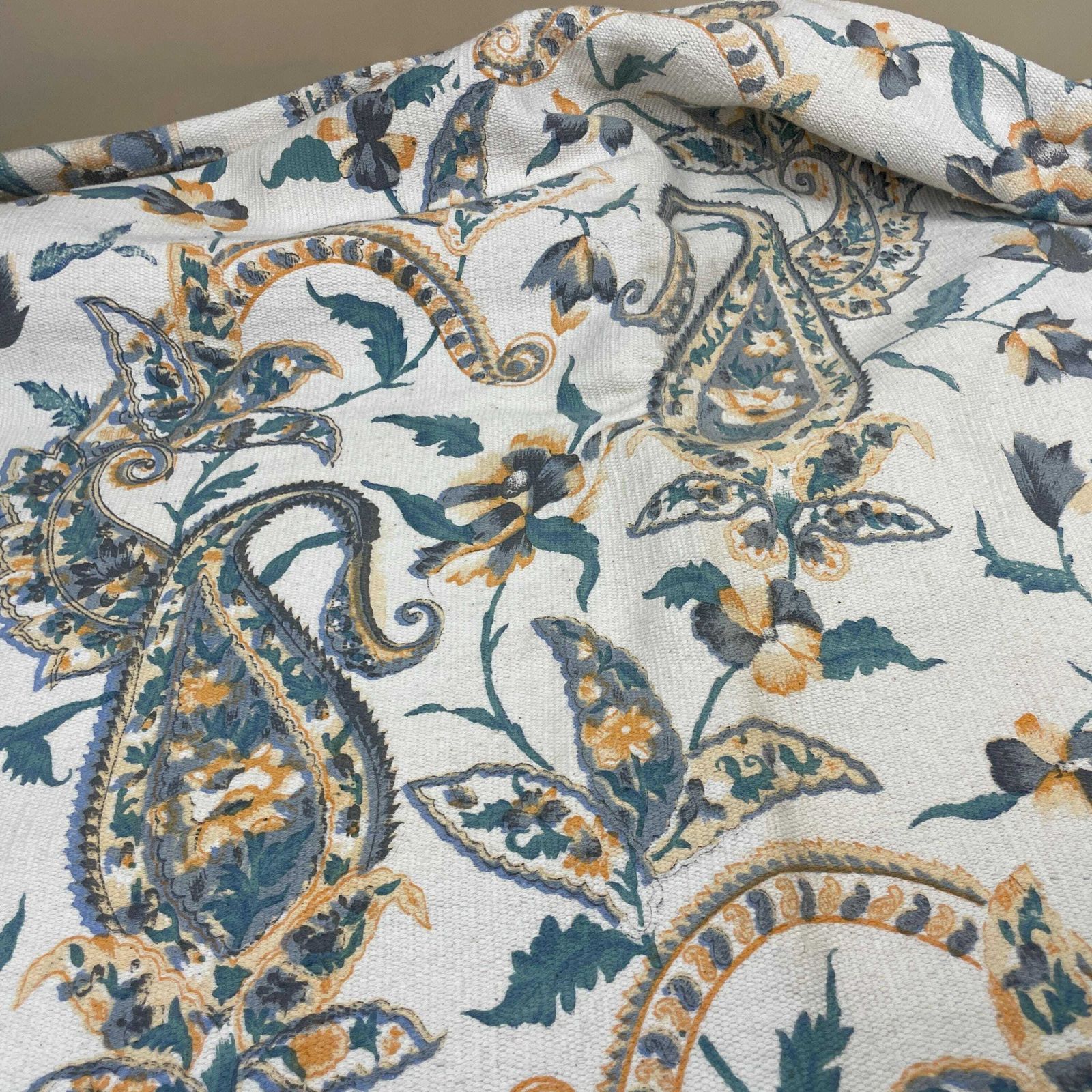 Vintage Fabric Throw Blanket Paisley Patterntassel Hand Printed Antique Patterned Pattern Tassels Sofa Woven Cottage Blue Cream photo for sale