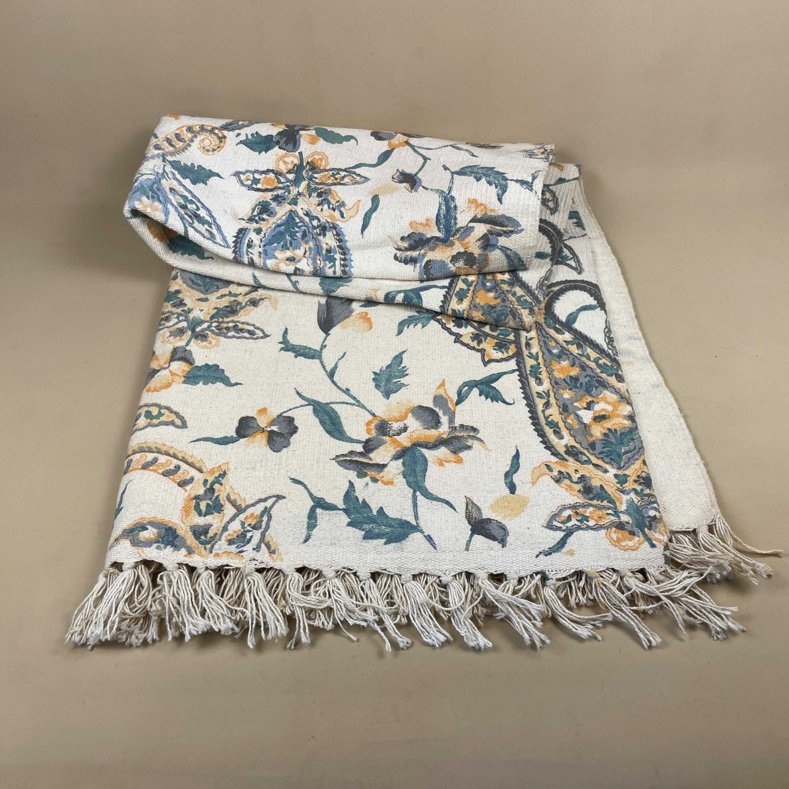 photo for sale Vintage Fabric Throw Blanket Paisley Patterntassel Hand Printed Antique Patterned Pattern Tassels Sofa Woven Cottage Blue Cream