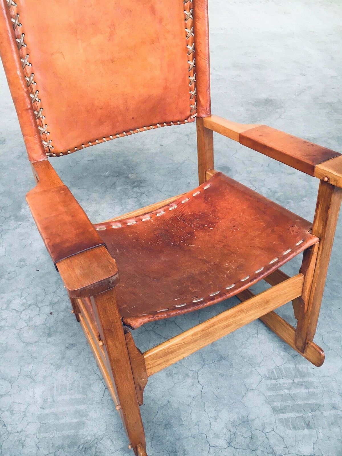 photo vinterior South American Design Leather Rocking Chair By Werner Biermann For Artesano Bogota, Colombia 1960's