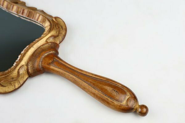 Handcrafted Wooden Hand Held Mirror, France, 1950s photo buy