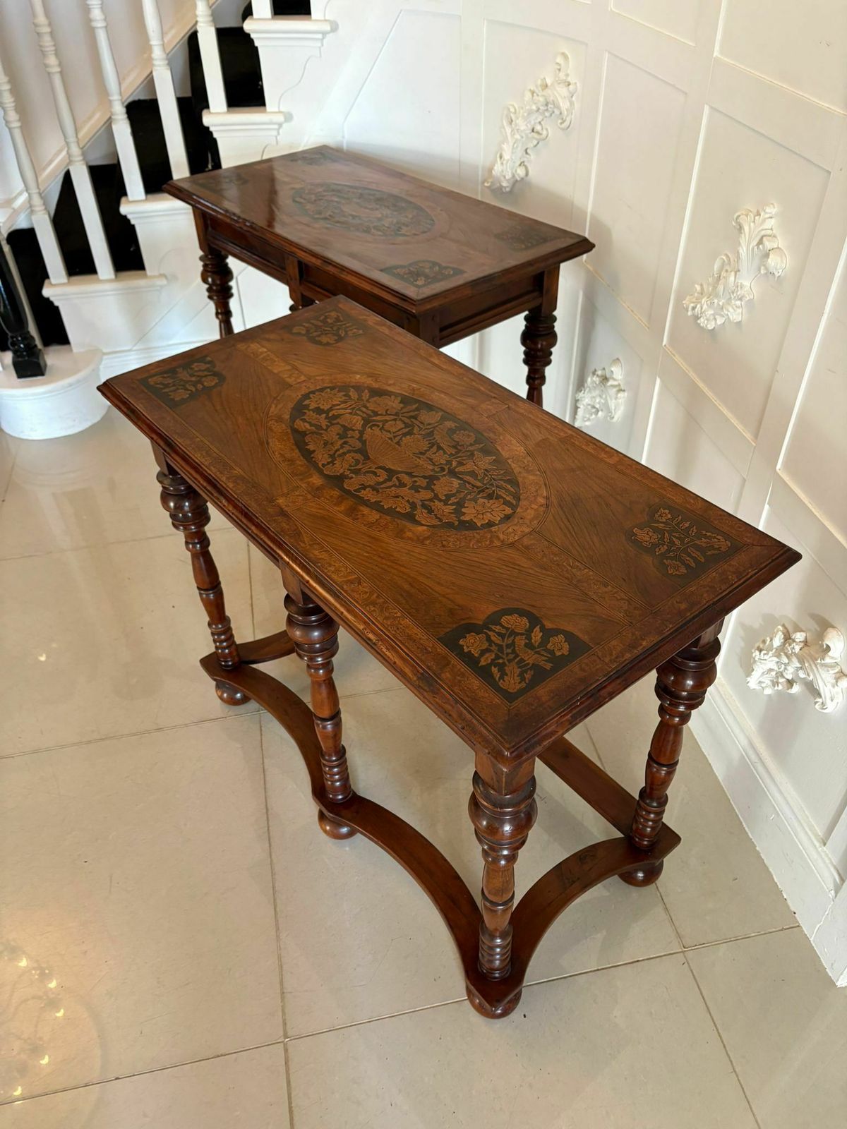 Outstanding Quality Pair Of Antique 19th Century Burr Walnut Marquetry Inlaid Side Tables photo 5750.0