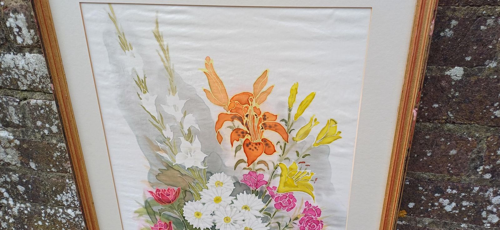 Stunning Silk Painting   Framed Still Life On Silk   Vintage Art   76cm X 50cm photo vinterior