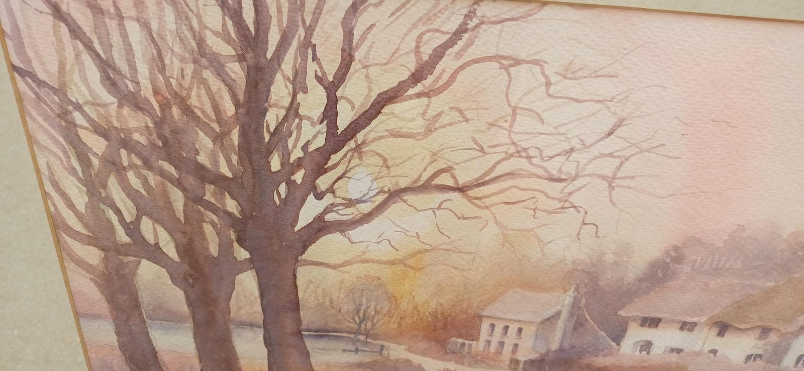 Autumn Colours Original Vintage Watercolour Of Country Scene And Cottages, Glazed Vintage Frame, Large   75cm X 58cm photo 120.0