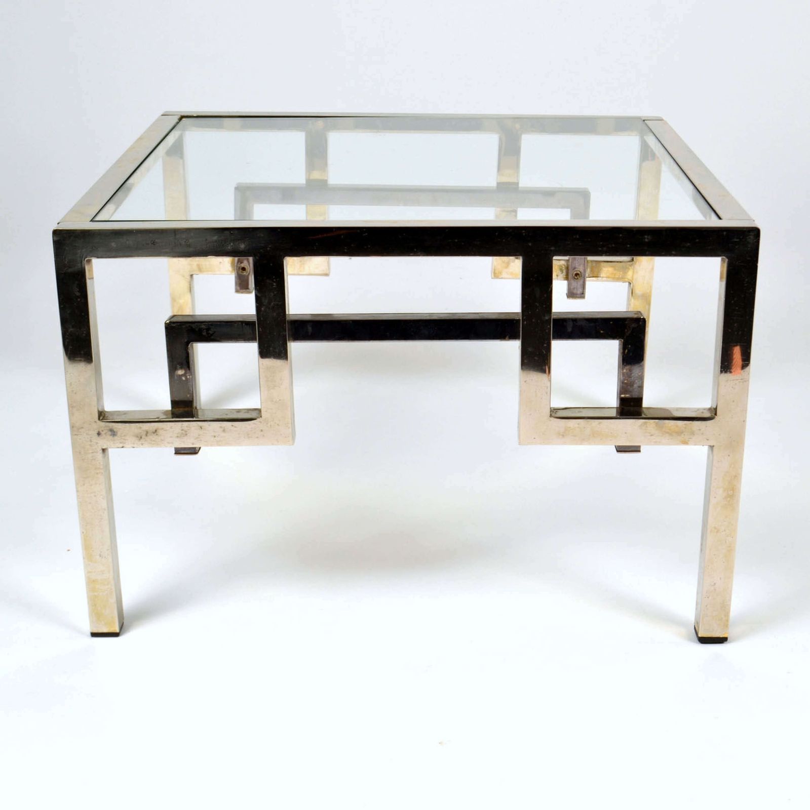 Pair Chrome & Brass Belgo Chrome Side Tables Glass Top 1970's photo for sale