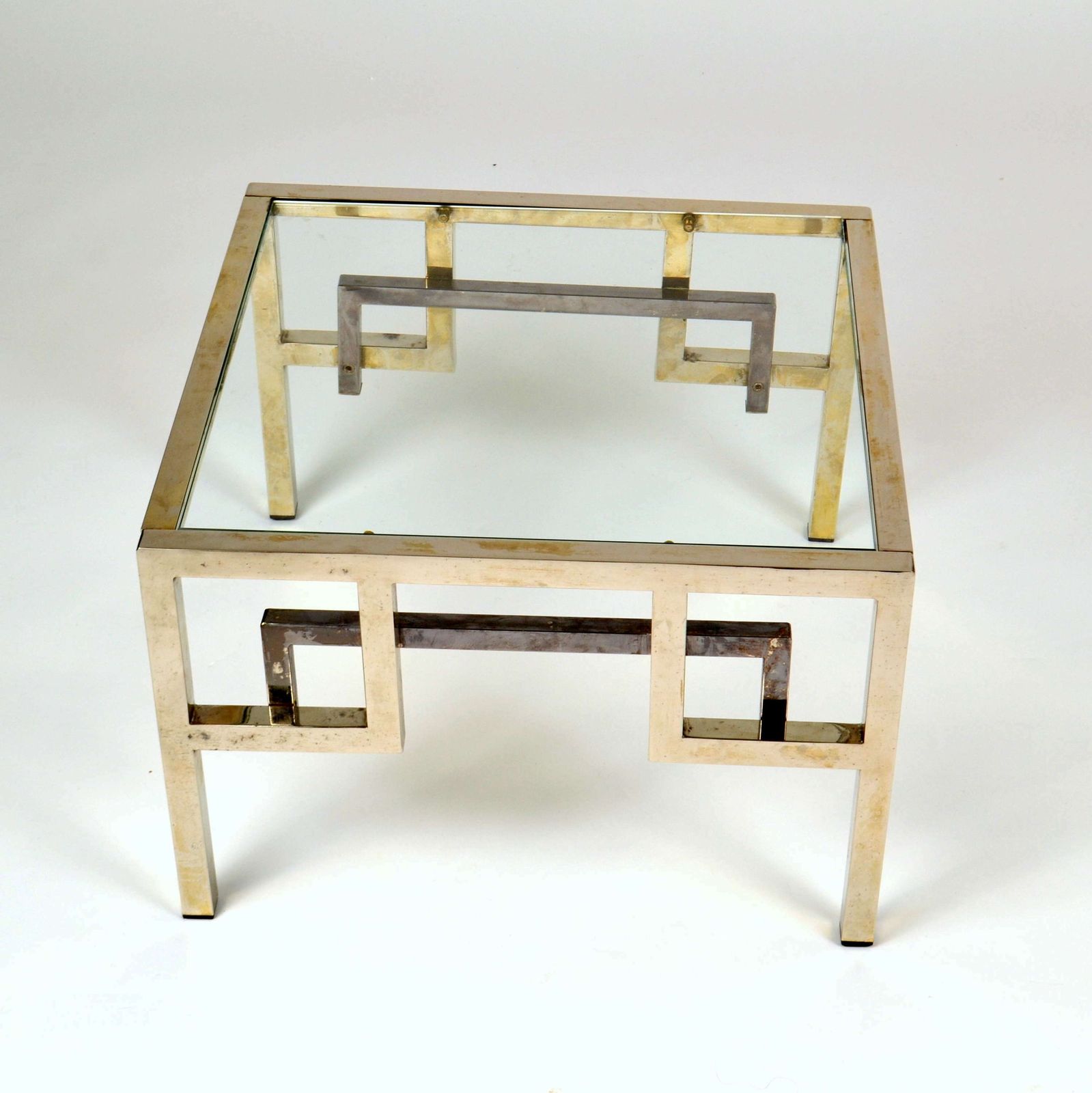Pair Chrome & Brass Belgo Chrome Side Tables Glass Top 1970's photo buy