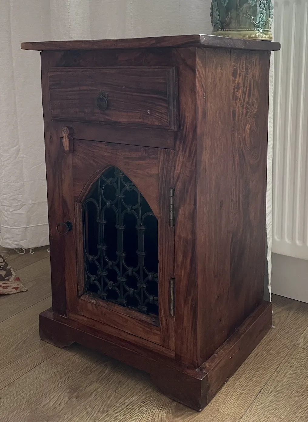 Antique Church Style Wooden Metal Detail Small Bedside Cabinet photo furniture