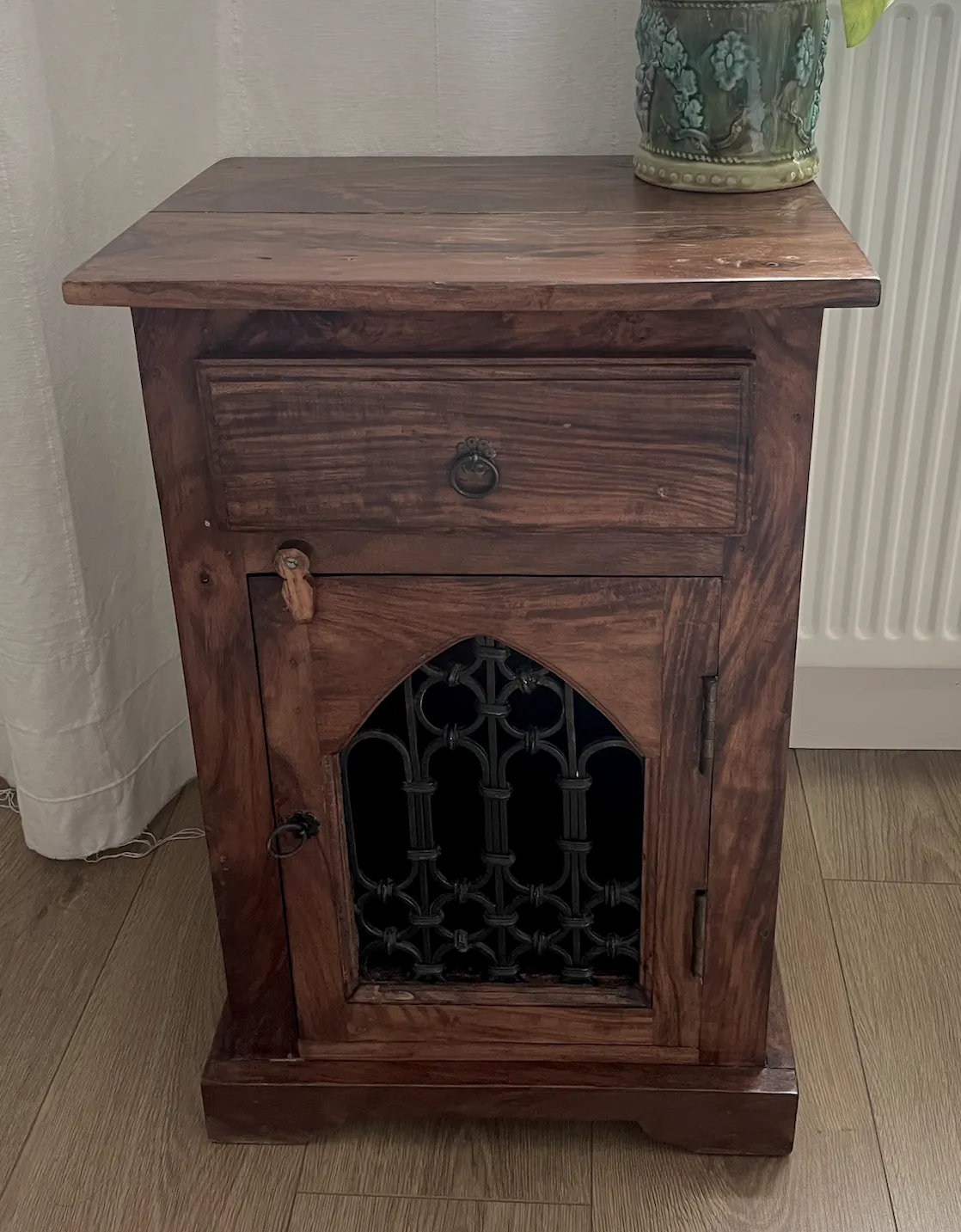 Antique Church Style Wooden Metal Detail Small Bedside Cabinet photo for sale