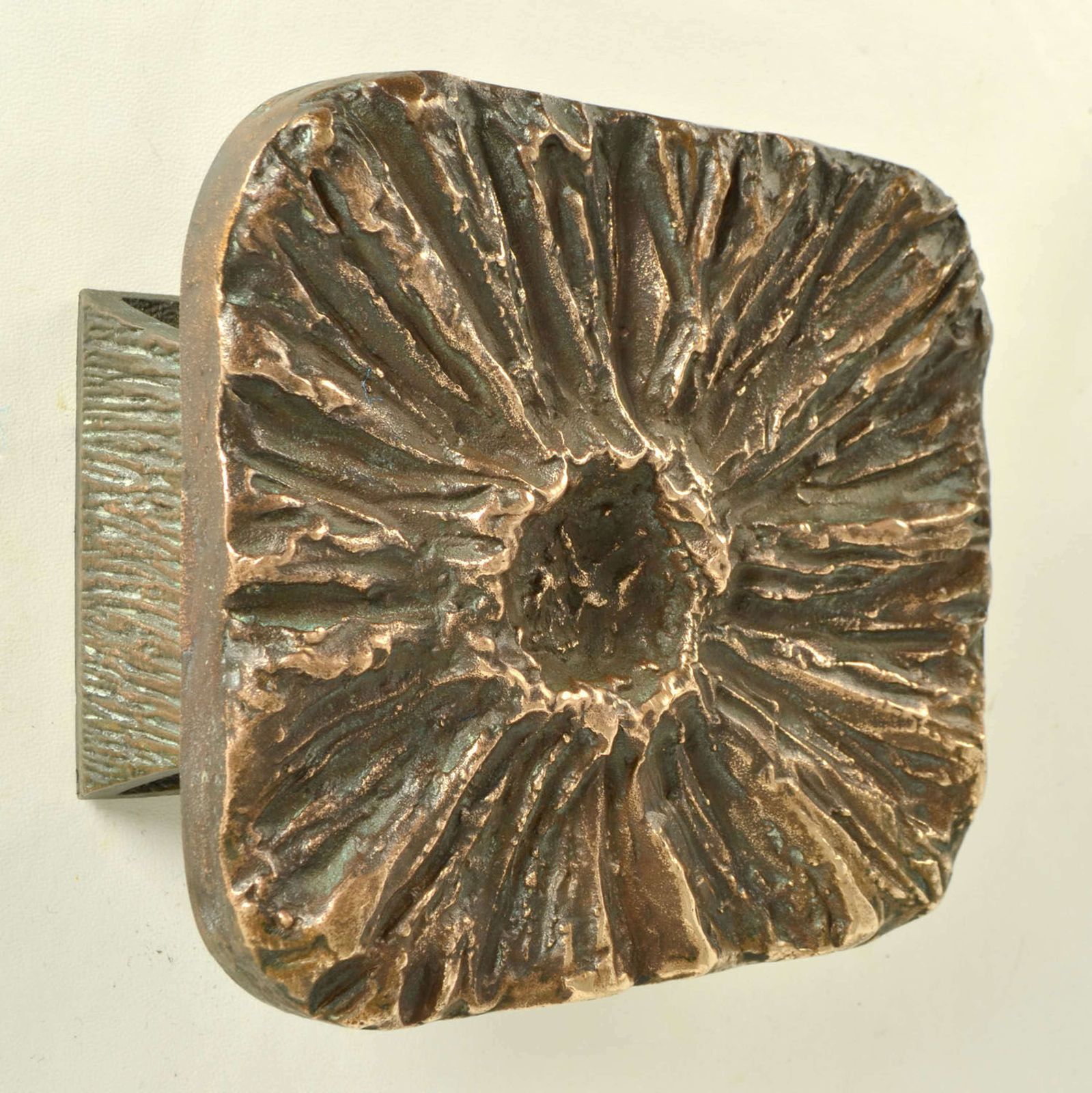 Brutalist Pair Of Bronze Square Push Pull Door Handles Flower Relief photo vinterior
