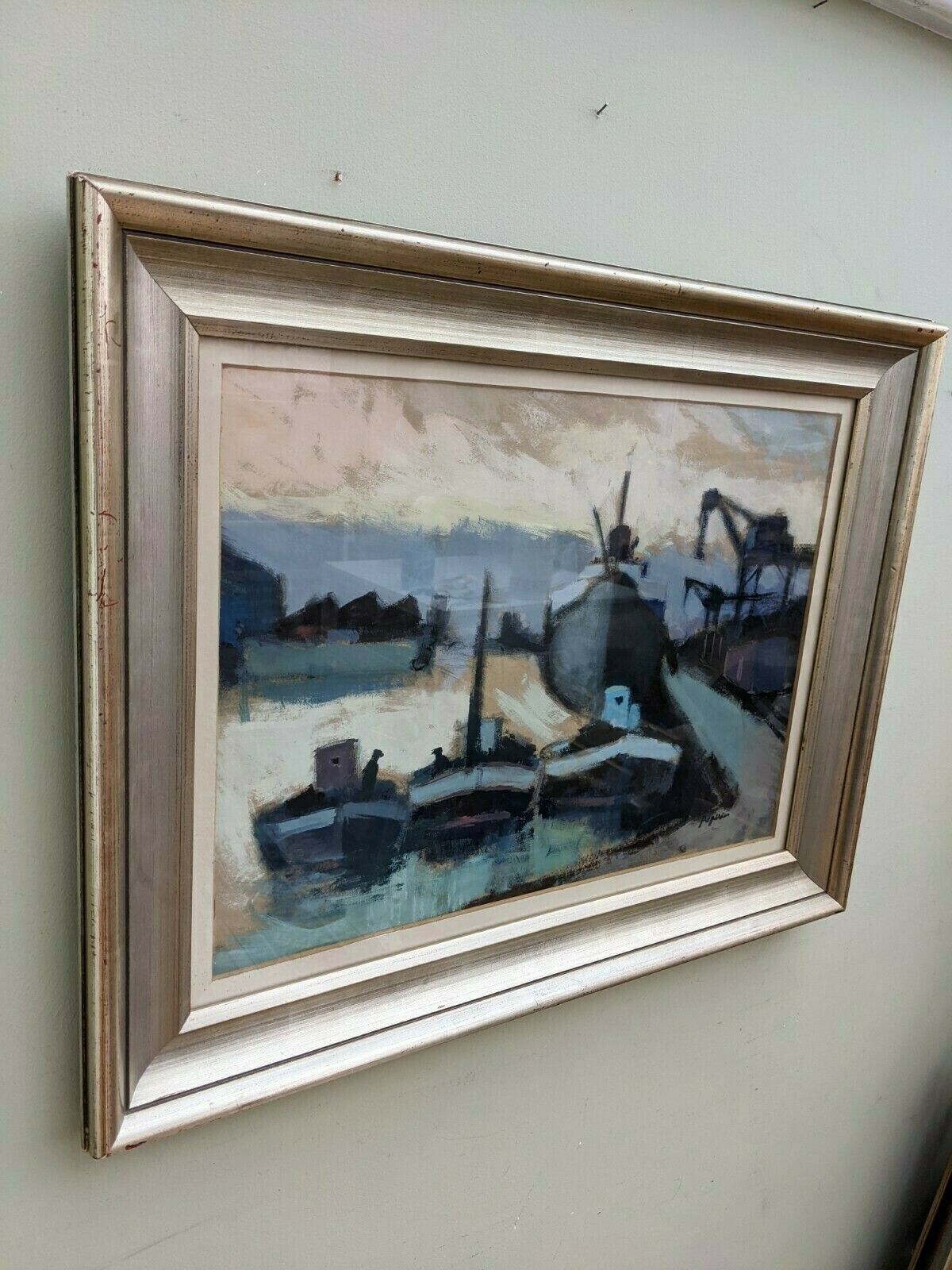 A Large And Atmospheric Mid 20th Century Oil Painting Boats In Pastel photo furniture