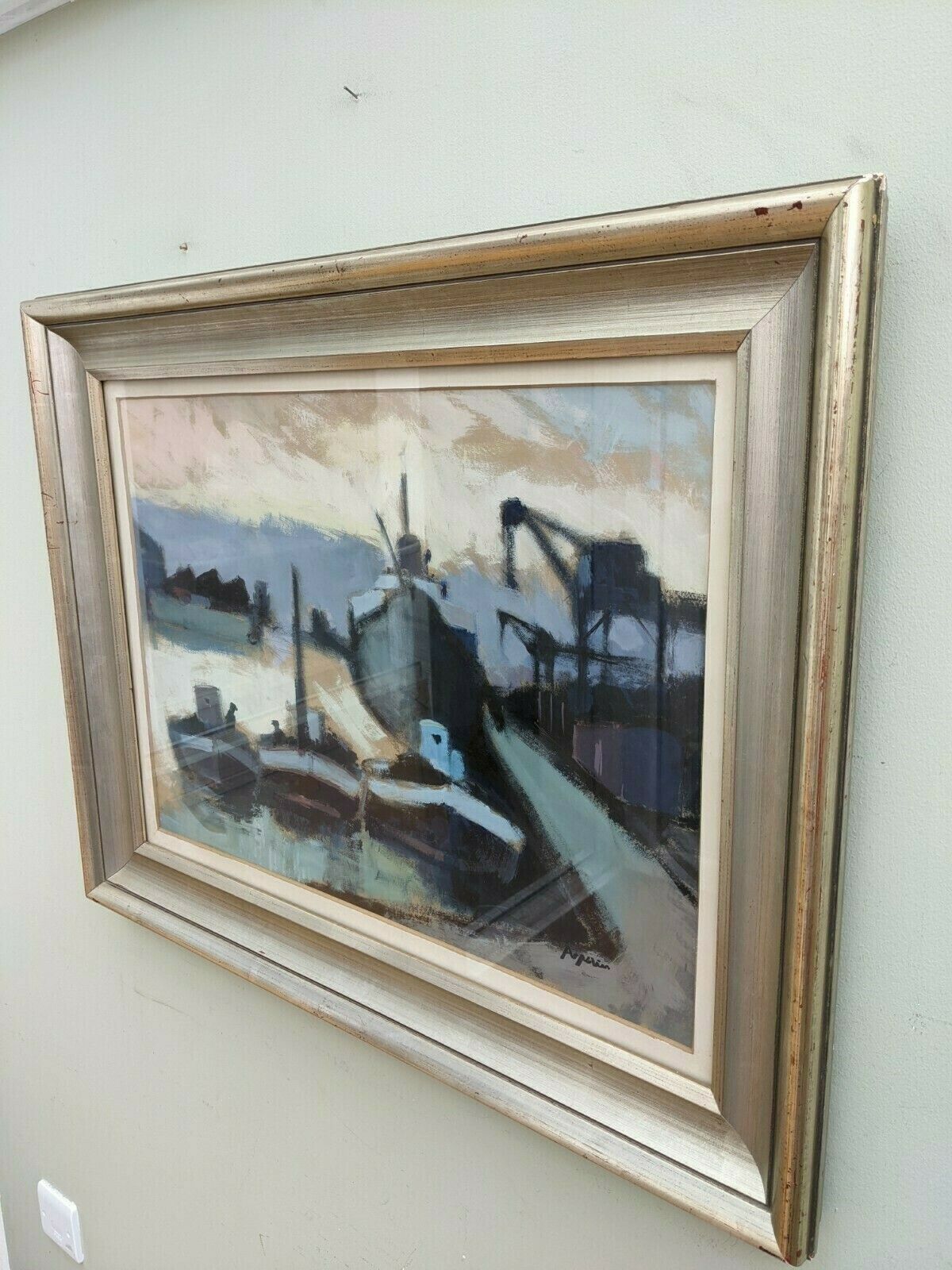 A Large And Atmospheric Mid 20th Century Oil Painting Boats In Pastel photo for sale