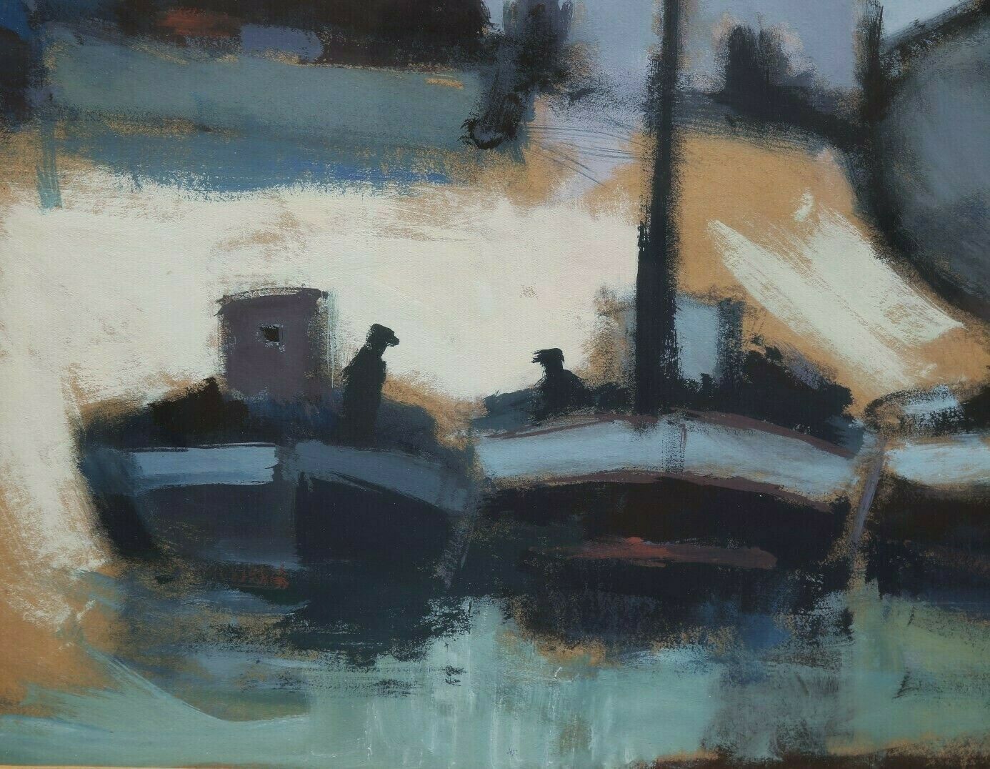 A Large And Atmospheric Mid 20th Century Oil Painting Boats In Pastel photo Art