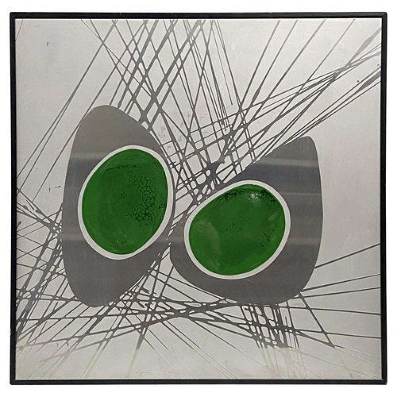 Metal Etched Abstract Painting With Green Enamel, Dutch 1970's