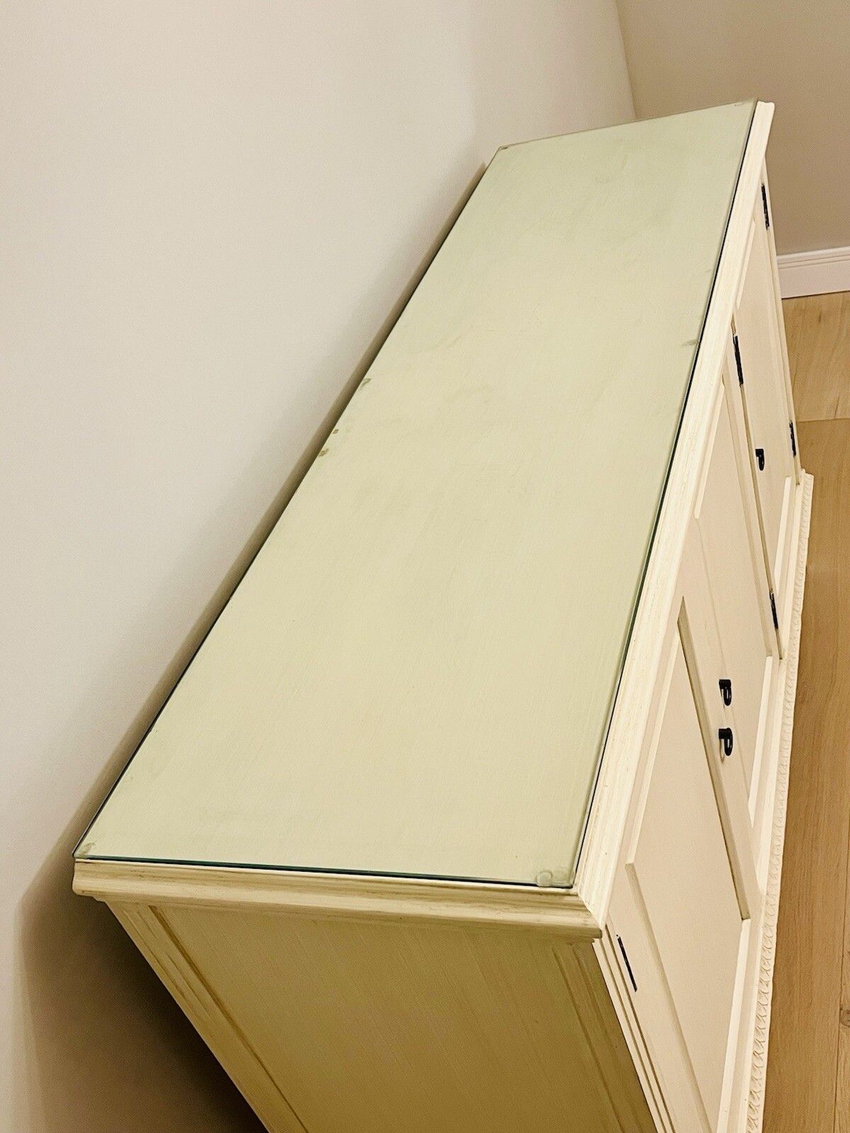 photo furniture Vintage Cotswold Company Scandinavian Gustavian 3 Door Painted Side Board Glass Top County