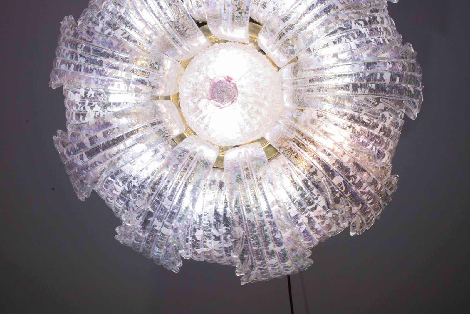 Extraordinary Italian Pink Iridescent And Murano Glass Ceiling Flower photo vinterior