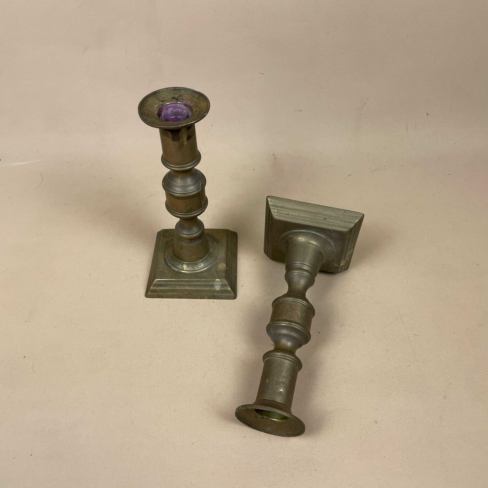 Antique Matching Pair Of Gold Brass Metal Candlestick Candle Stick Vintage Column Taper Dinner Candlesticks Chunky Square Base photo furniture