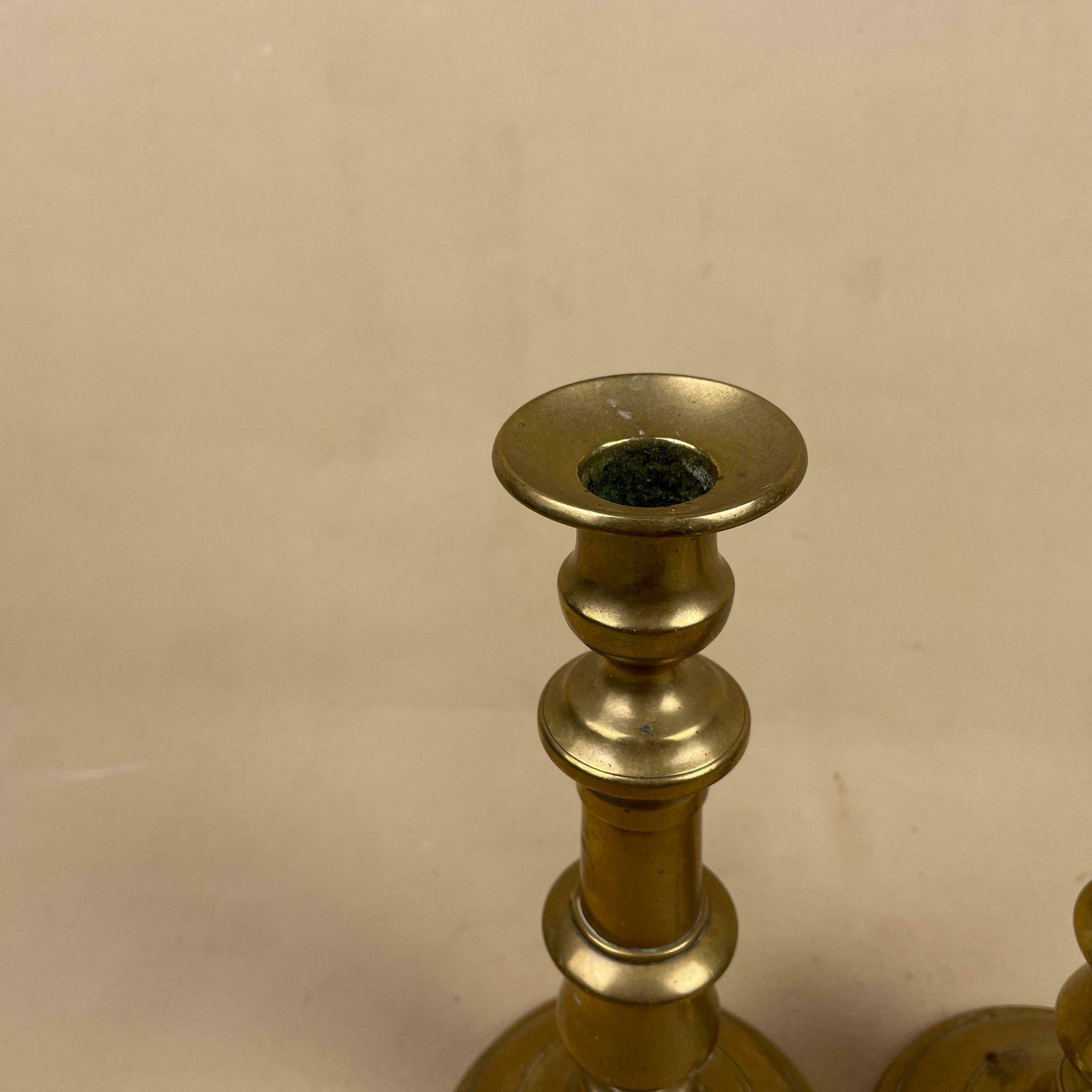 Antique Matching Pair Of Gold Brass Metal Candlestick Candle Stick Vintage Column Taper Dinner Candlesticks Chunky Round Base photo Home Decor