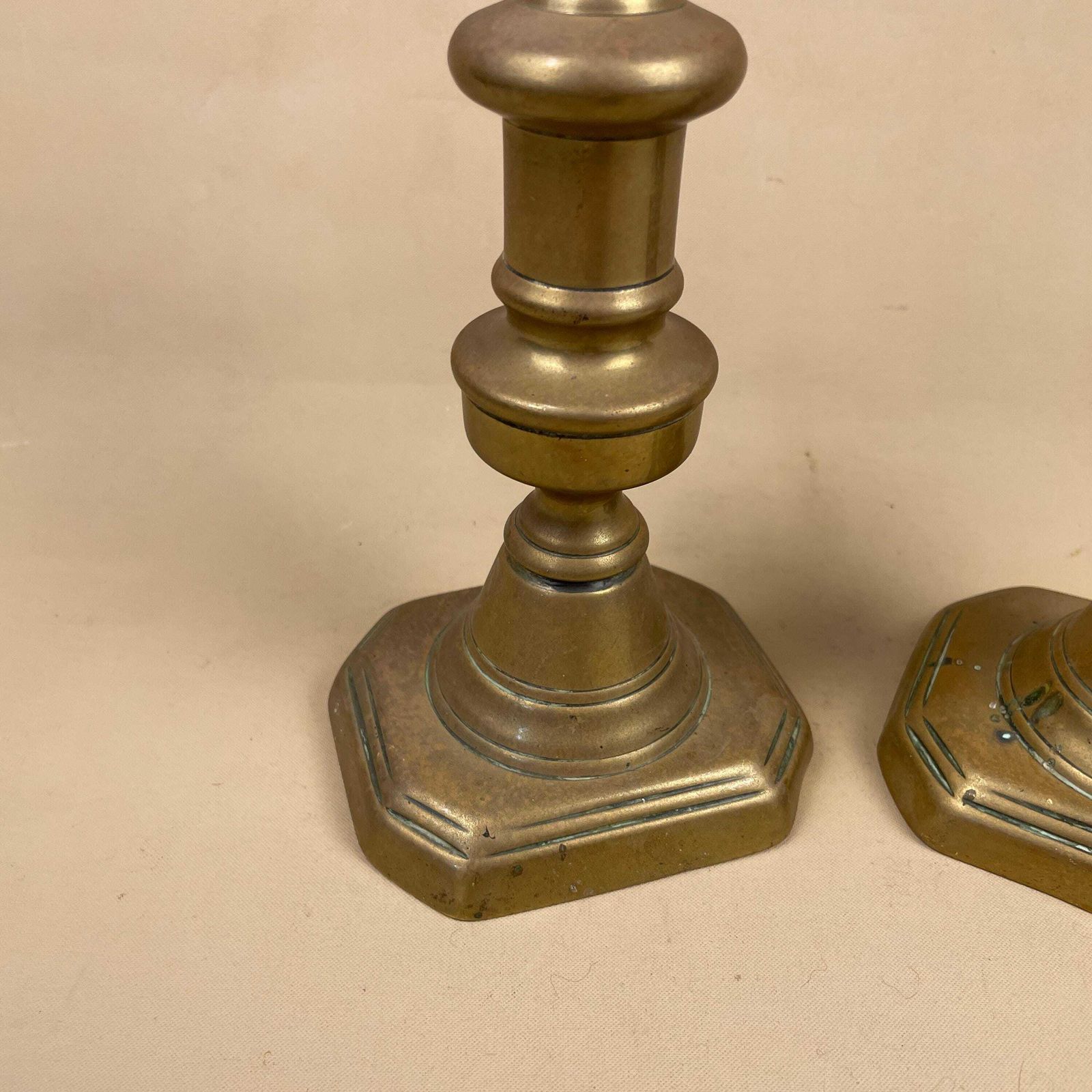 Antique Matching Pair Of Gold Brass Metal Candlestick Candle Stick Vintage Column Taper Dinner Candlesticks Chunky Rectangle Base photo Home Decor