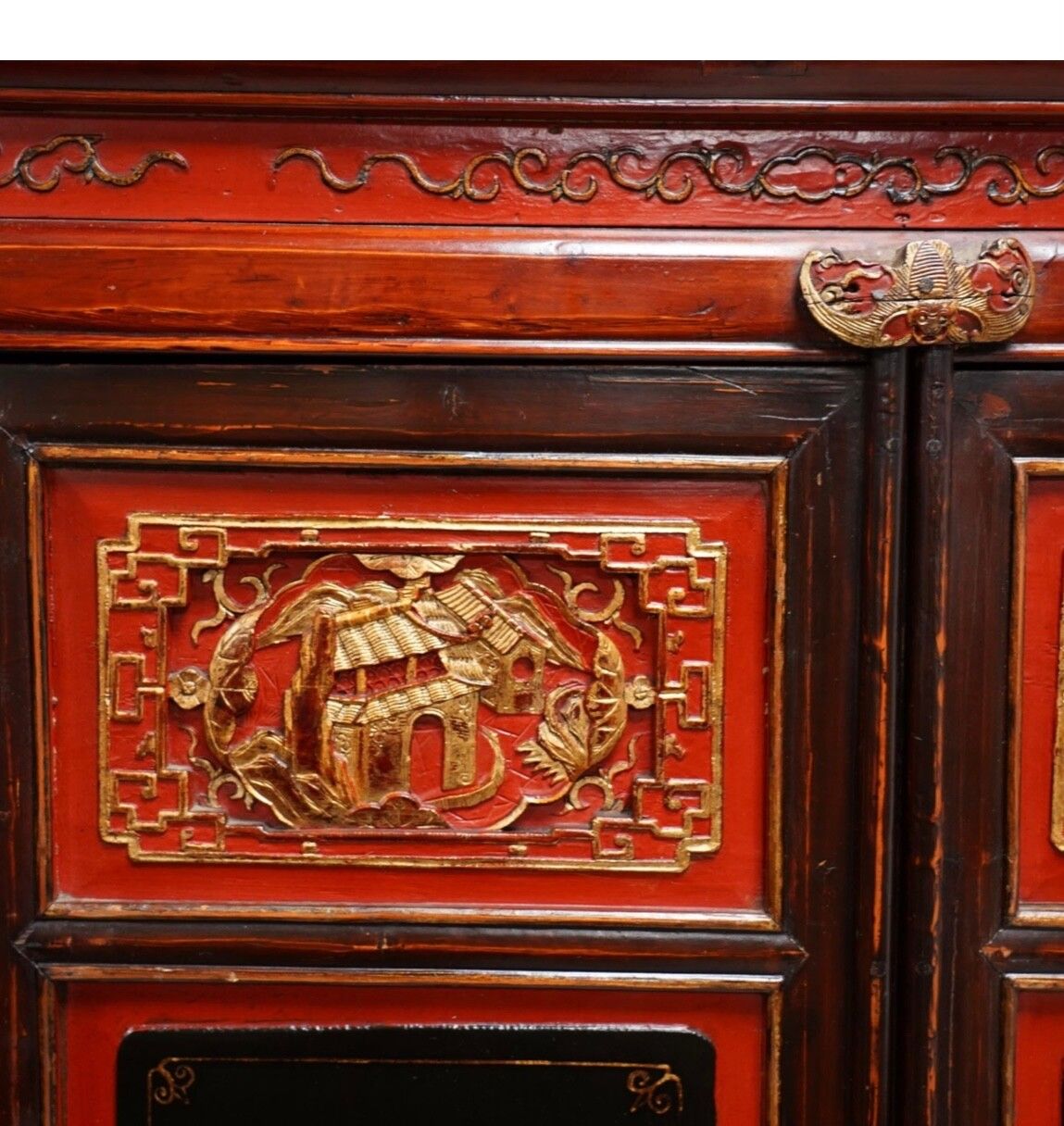 19th Century Elm Chinese Lacquered Marriage Cabinet photo vinterior